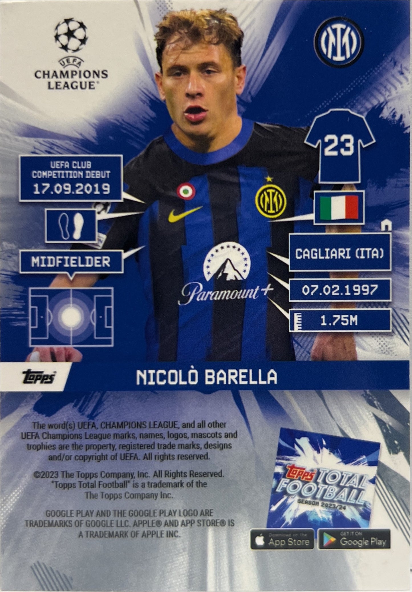 Nicolo Barella 7/25 Inferno Topps Total Football 2023/24