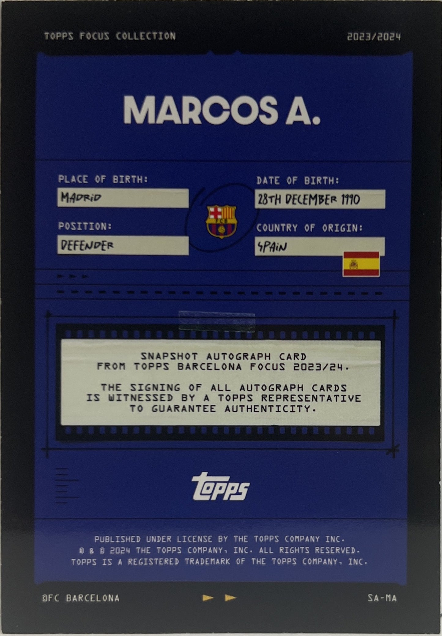 Marcos Alonso Autograph Topps Focus Barcelona 2023/24