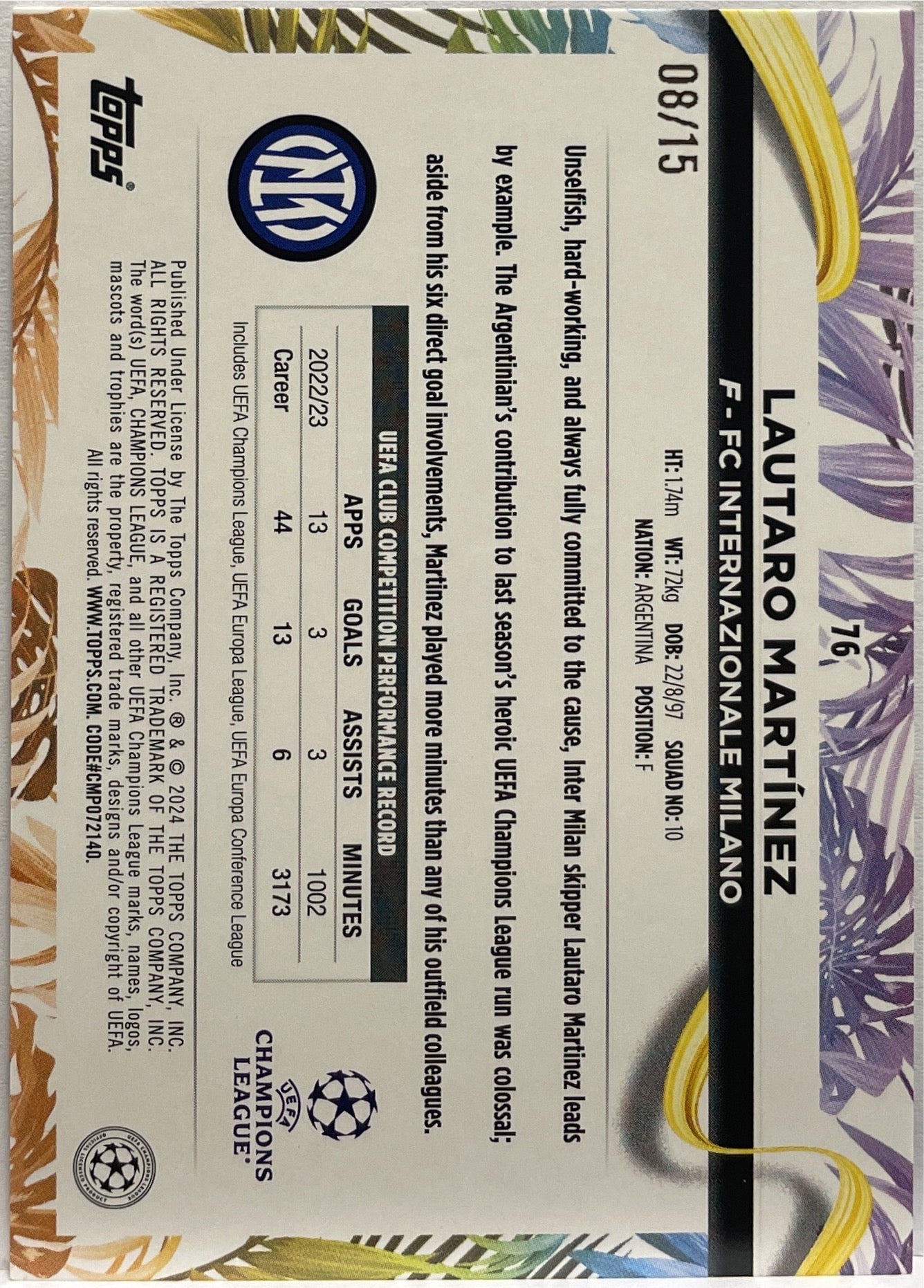 Lautaro Martinez 8/15 Topps Jade UCC 2023/24