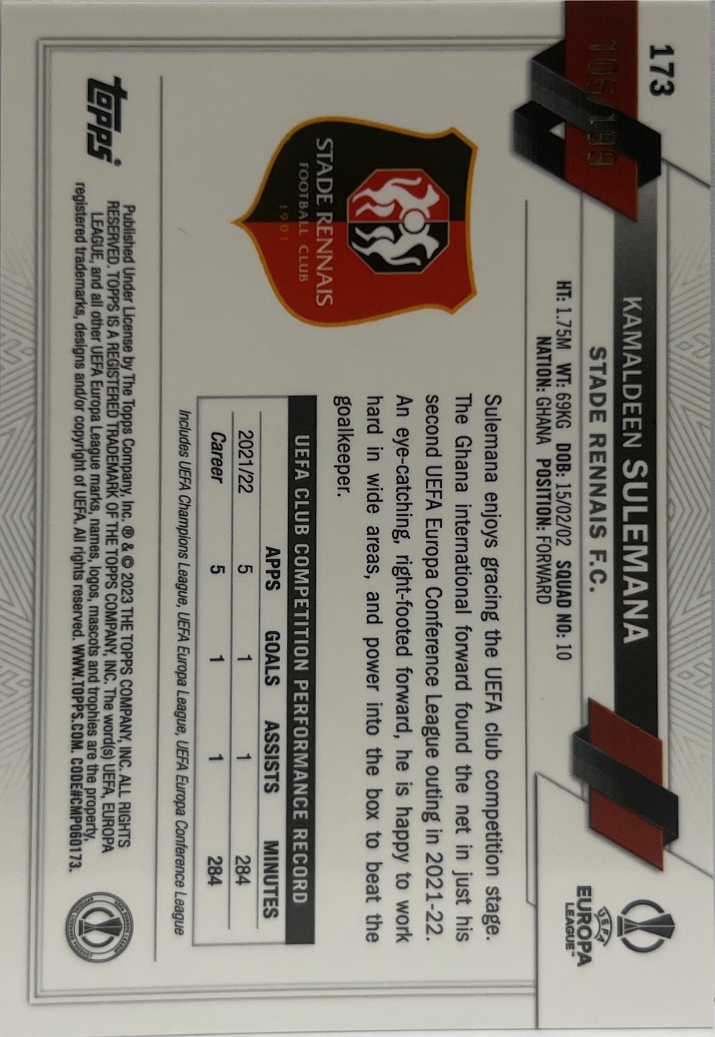 Kamaldeen Sulemana 106/199 Future Stars Aqua Topps Chrome UCC 2022/23