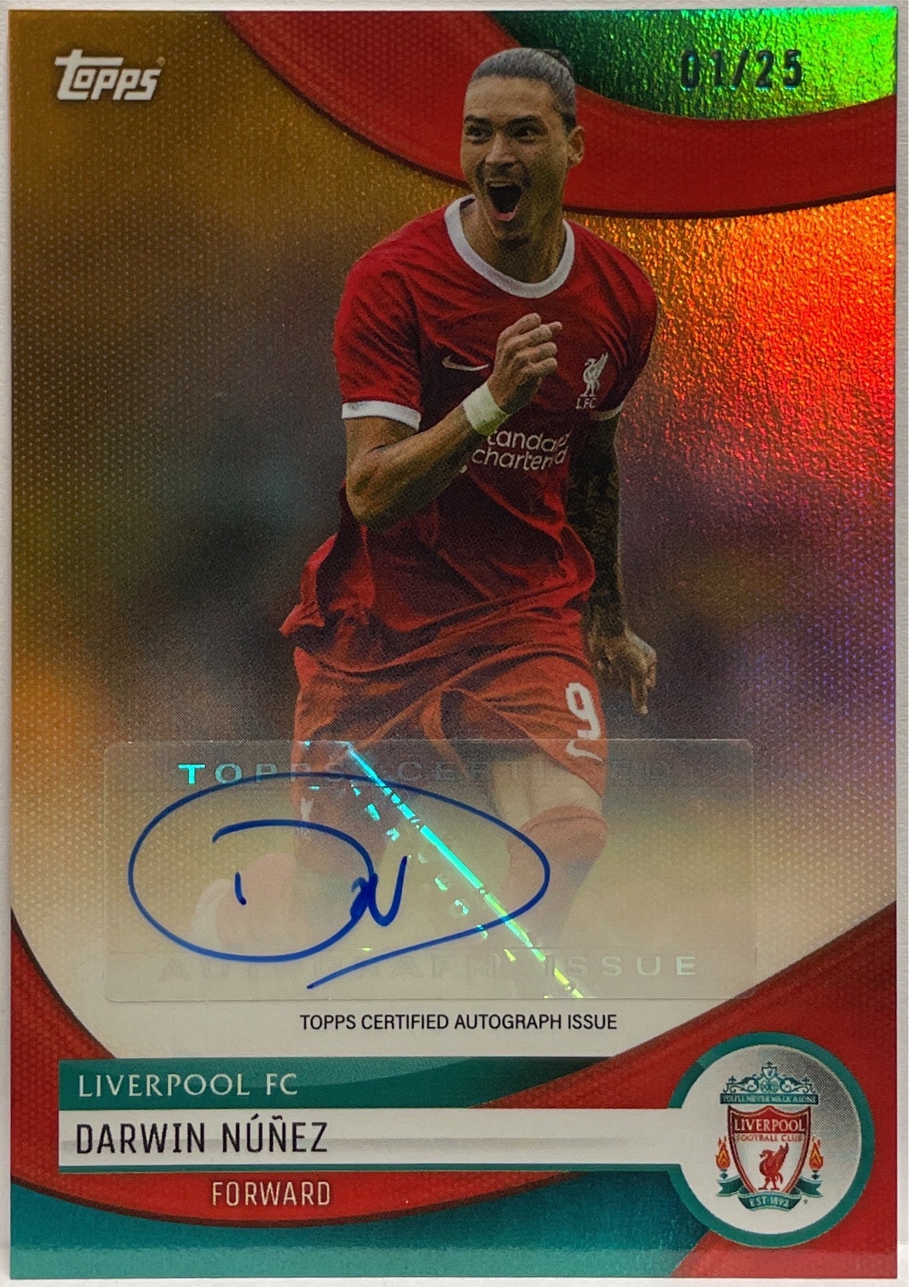 Darwin Nunez 1/25 Autograph Orange Topps Liverpool Team Set 2023/24