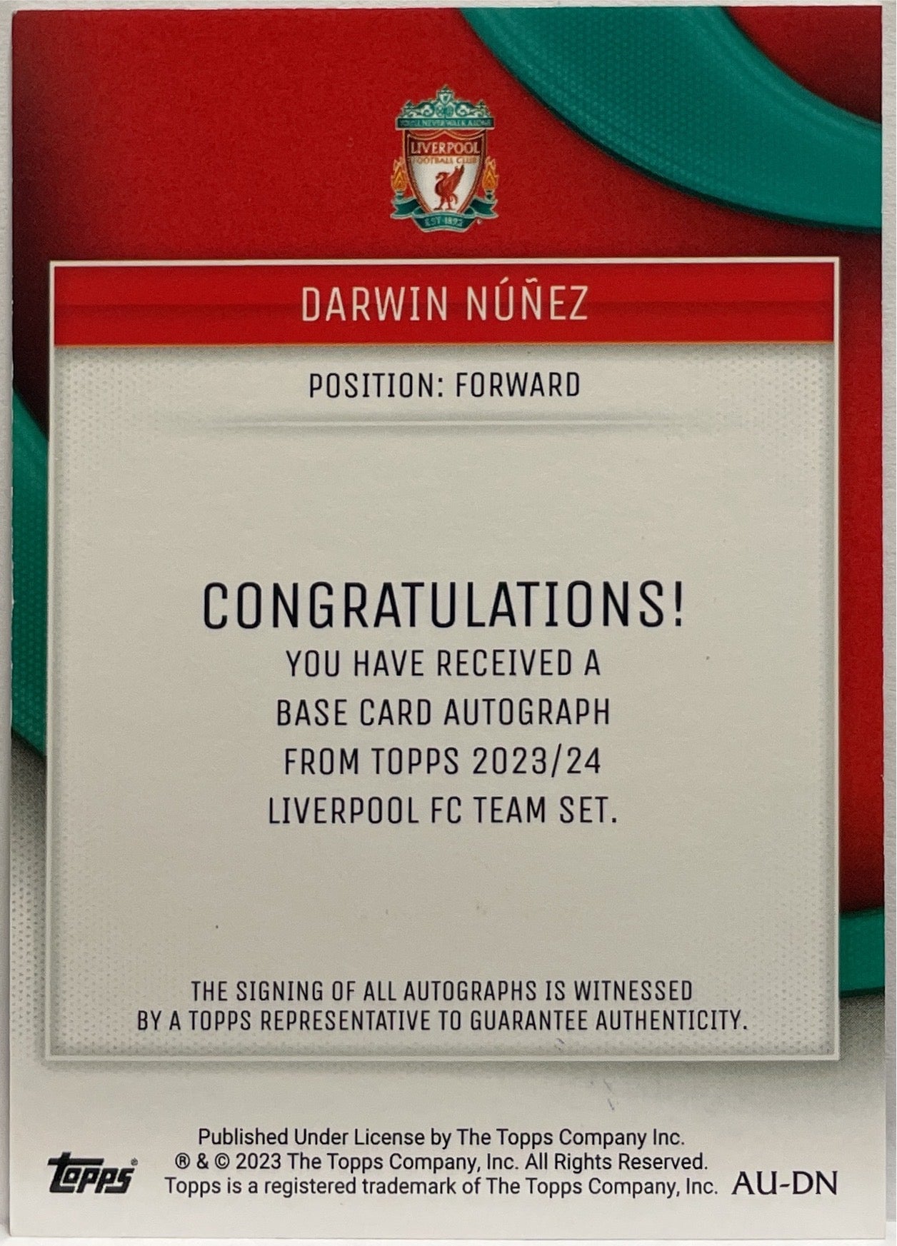 Darwin Nunez 1/25 Autograph Orange Topps Liverpool Team Set 2023/24