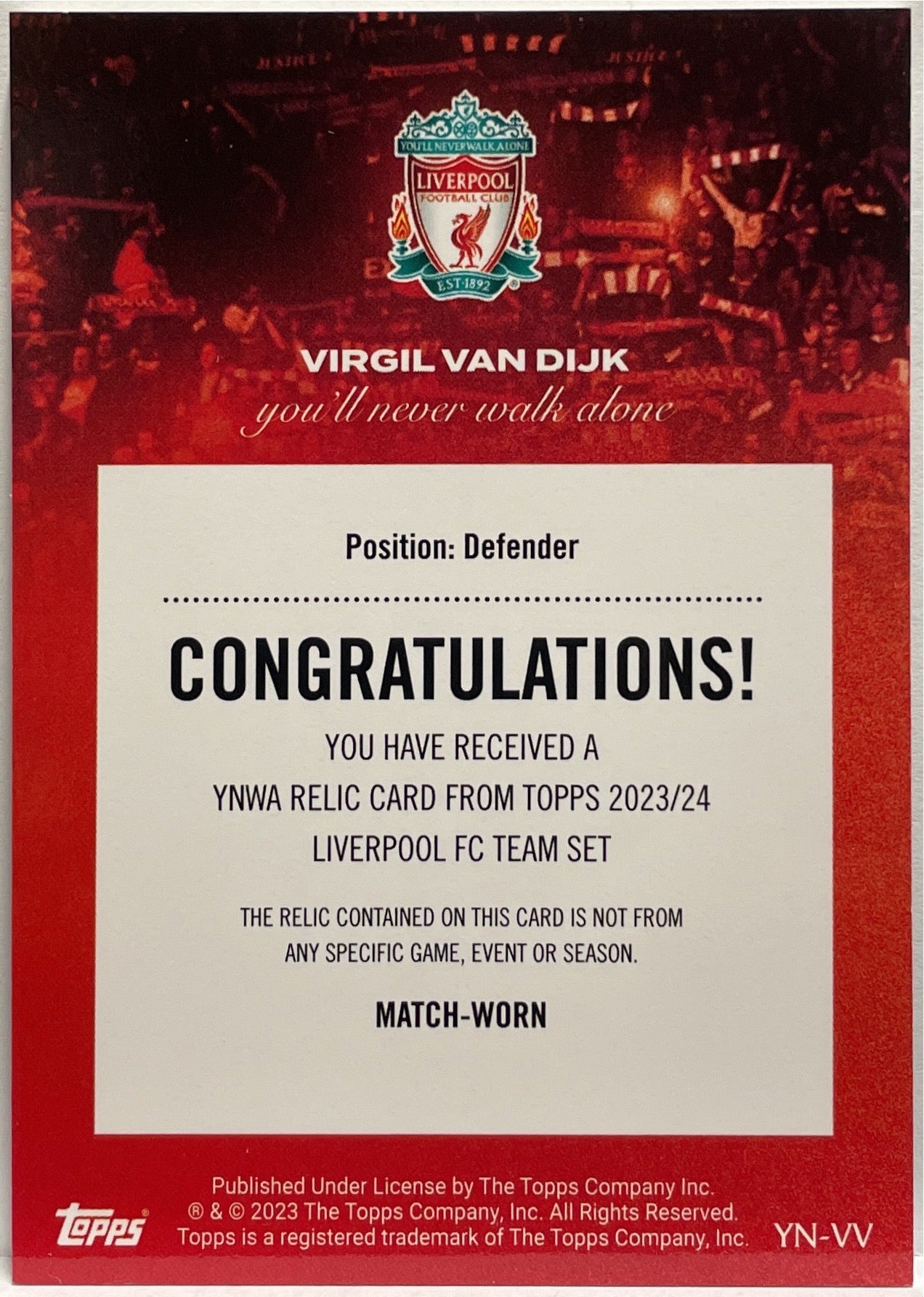Virgil Van Dijk 63/99 Patch You'll Never Walk Alone Topps Liverpool Team Set 2023/24