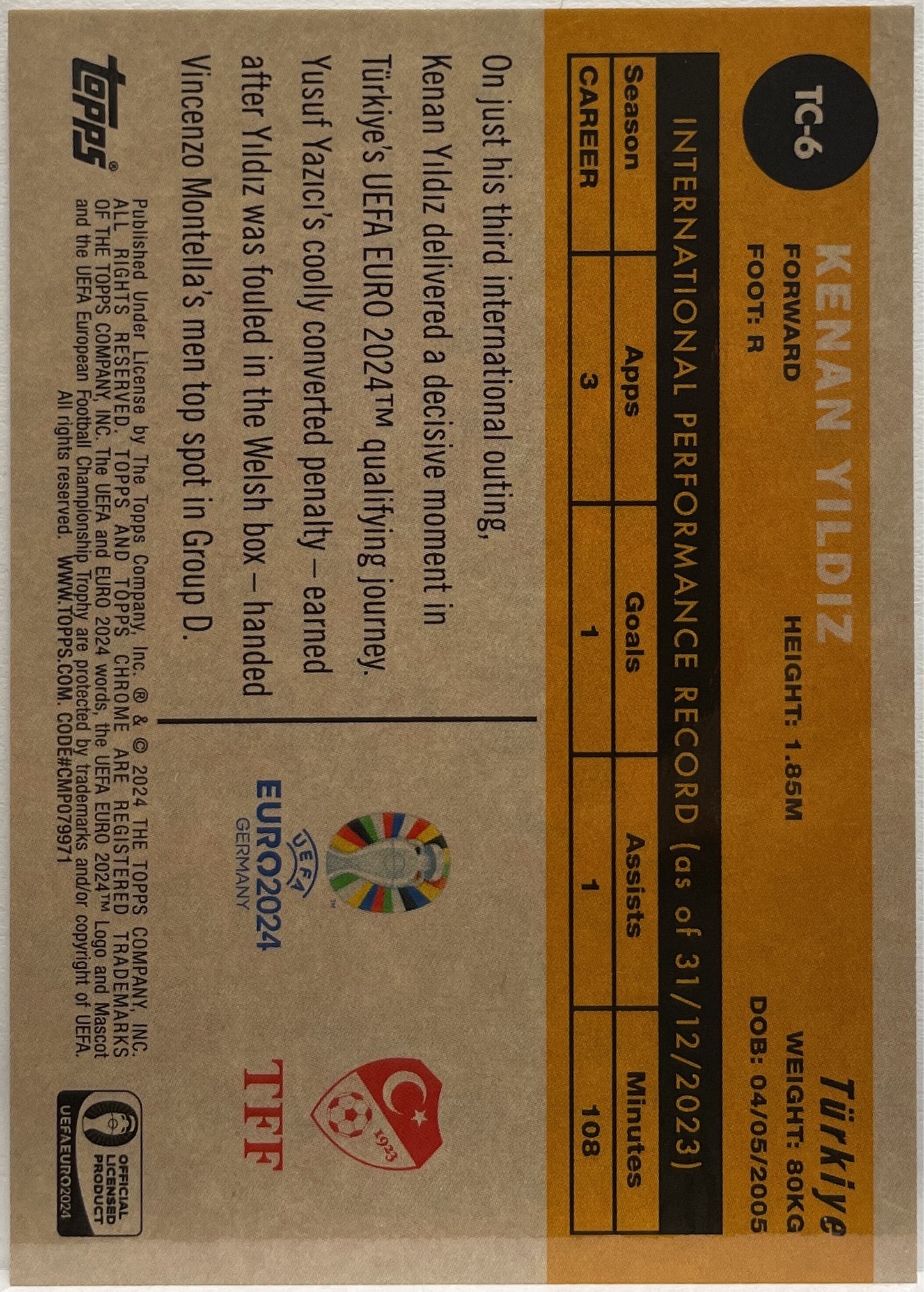 Kenan Yildiz 41/50 1960 National Debut Gold Topps Chrome Euro 2024