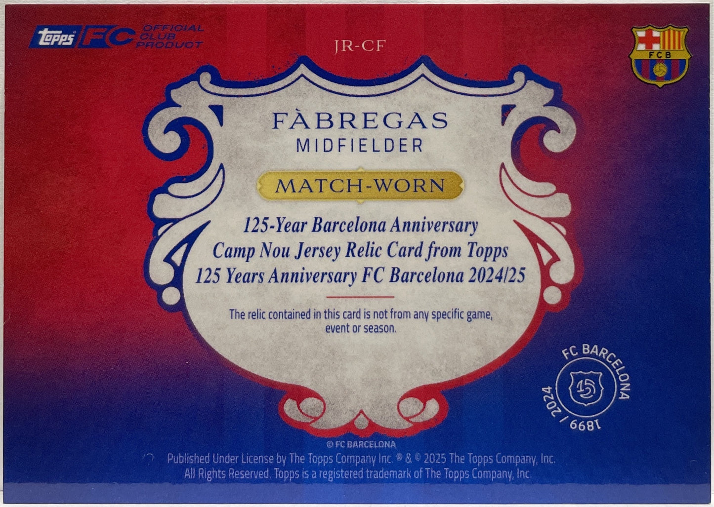 Cesc Fabregas 60/99 Patch Jersey Relic Topps Barcelona 125 2024/25