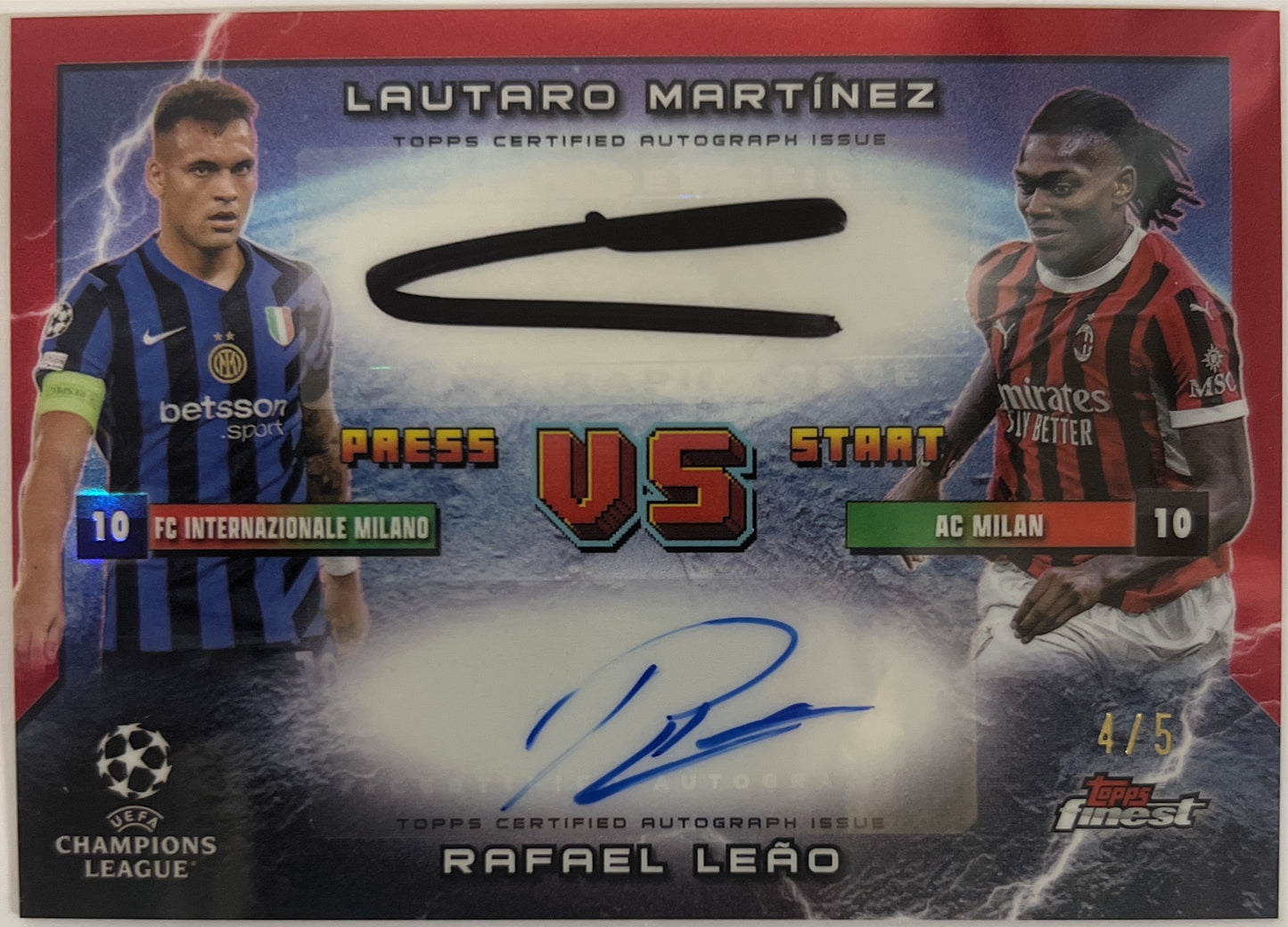 Lautaro Martinez & Rafael Leao 4/5 Dual Autograph Press Start Red Topps Finest UCC 2024/25