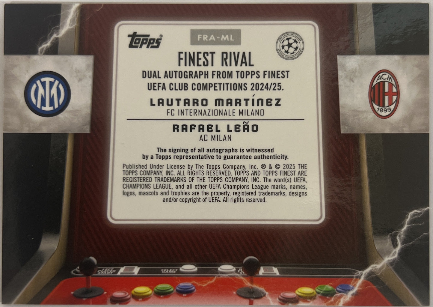 Lautaro Martinez & Rafael Leao 4/5 Dual Autograph Press Start Red Topps Finest UCC 2024/25