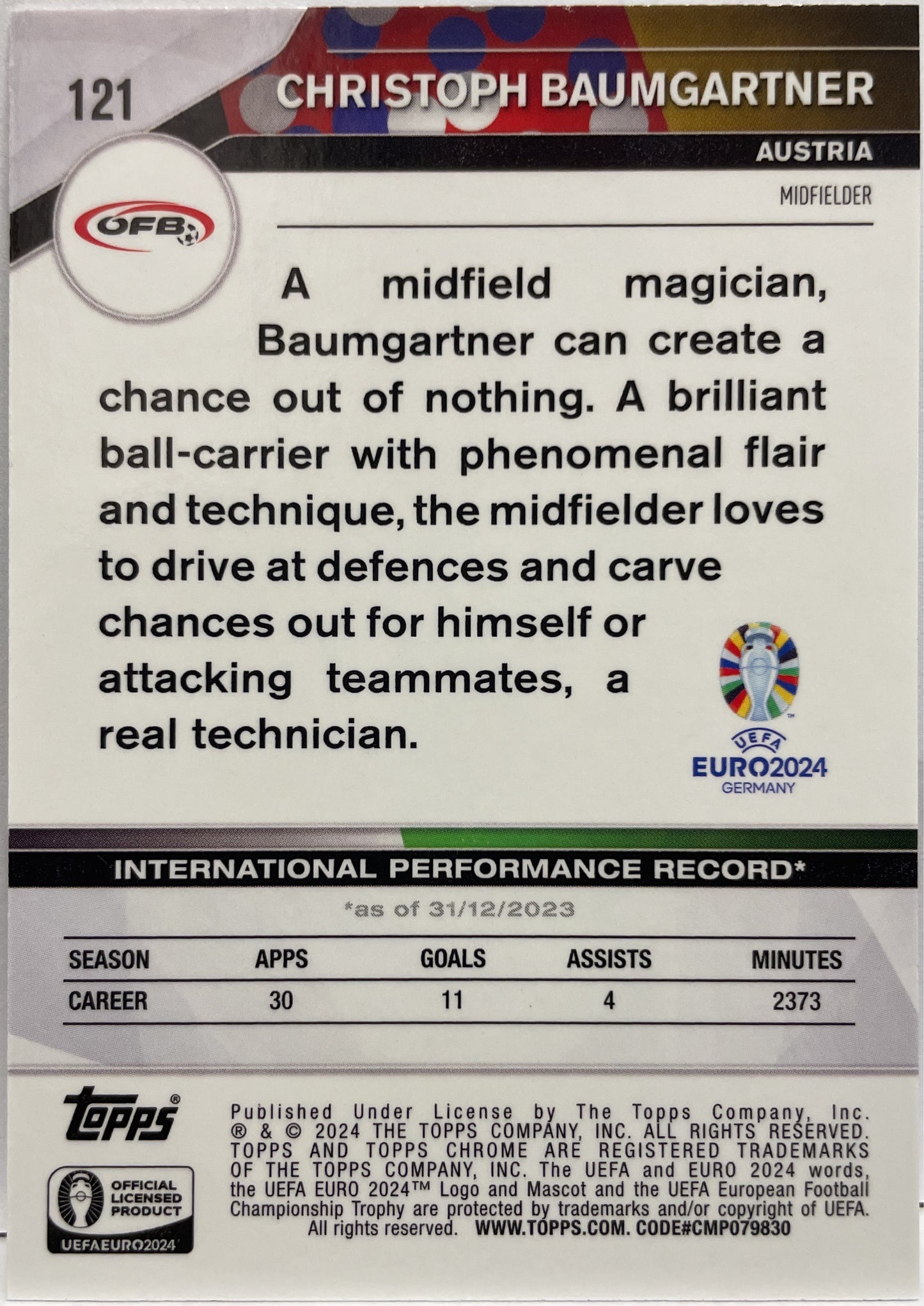 Christoph Baumgartner 122/199 Aqua Wave Topps Chrome Euro 2024