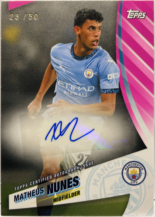 Matheus Nunes 23/50 Autograph Pink Topps Blue Moon Manchester City 2024/25