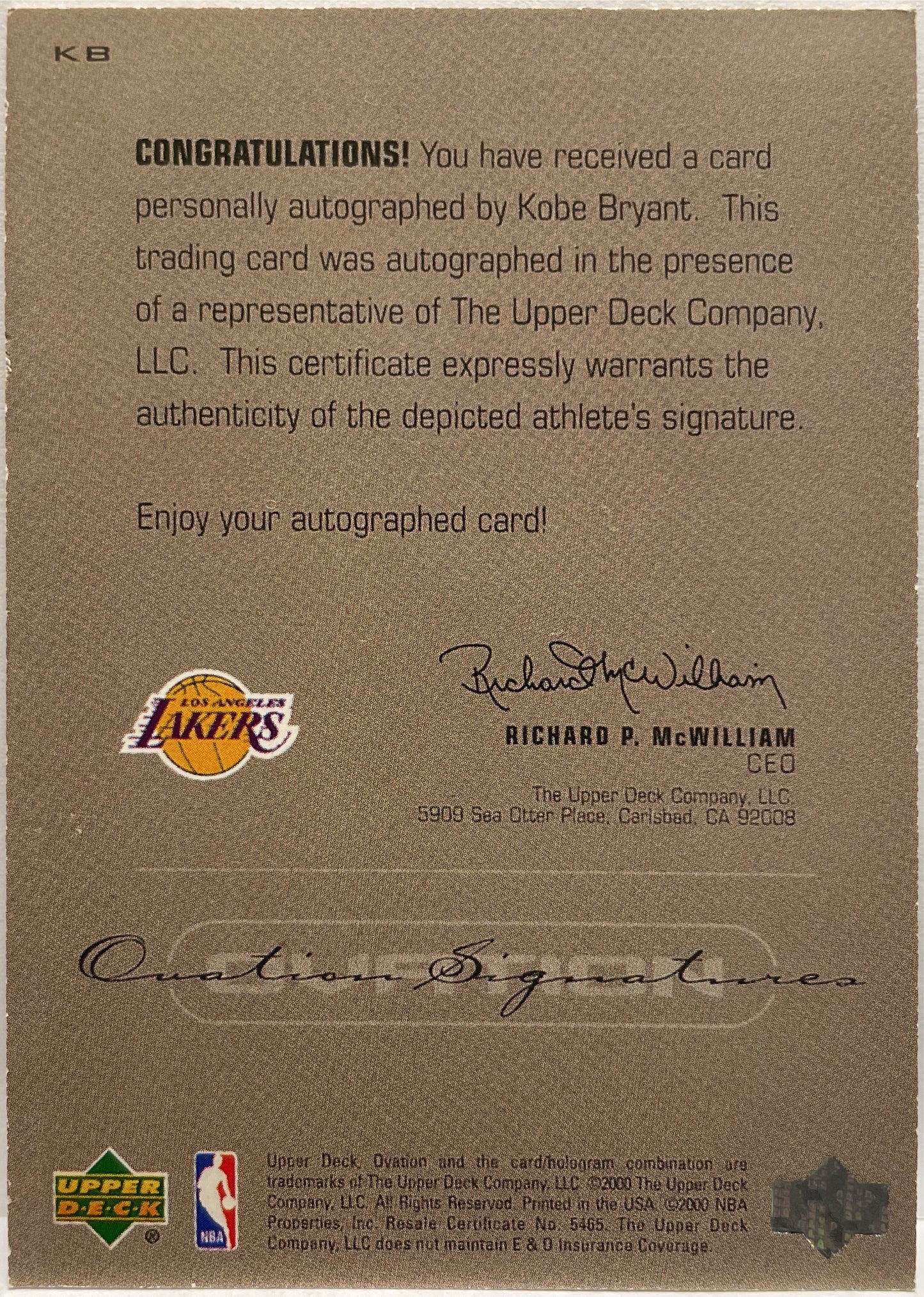 Kobe Bryant Autograph on Card Ovation Upper Deck Basketball NBA 2000