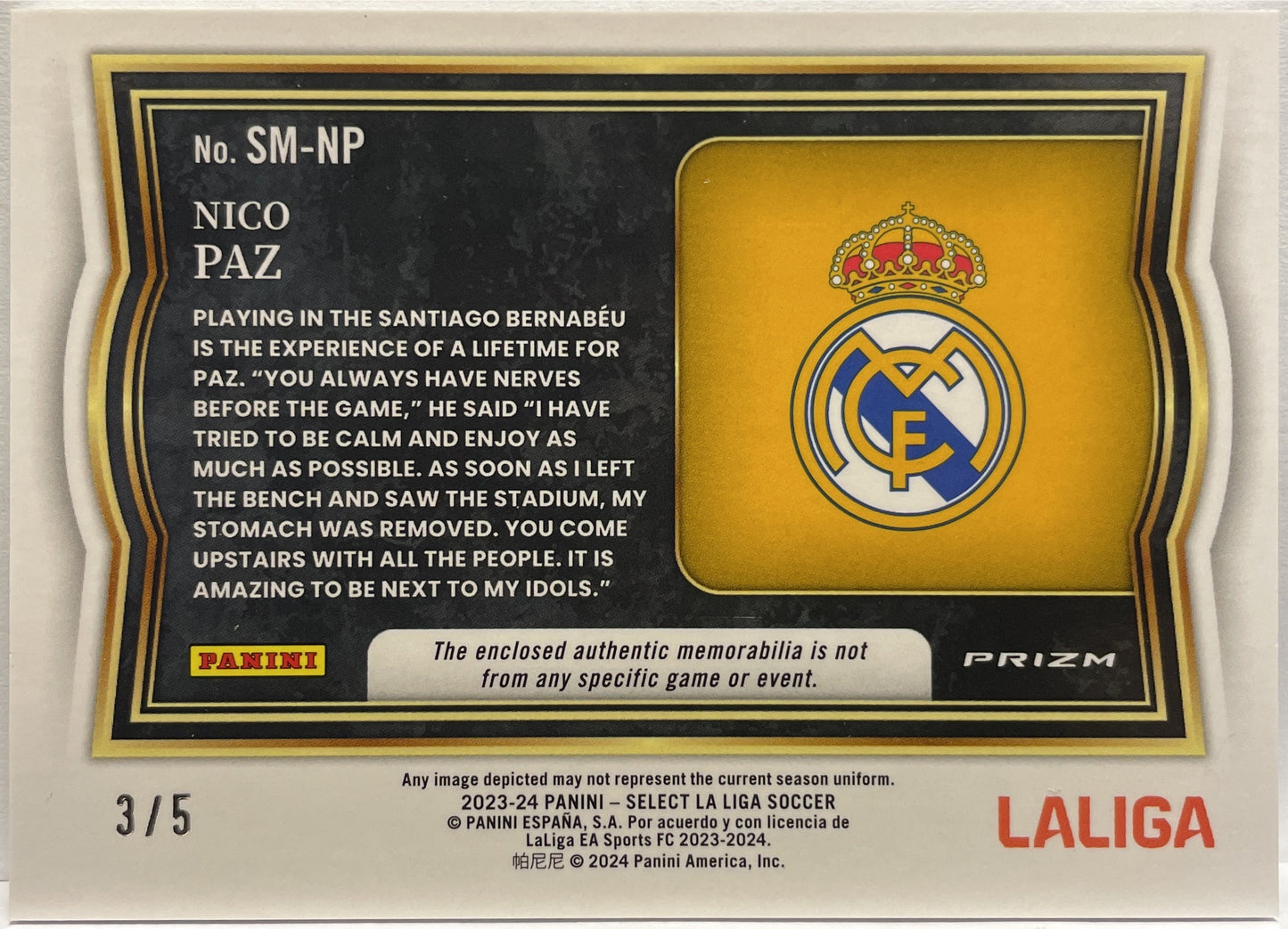 Nico Paz 3/5 Rookie Patch Green Select La Liga 2023/24