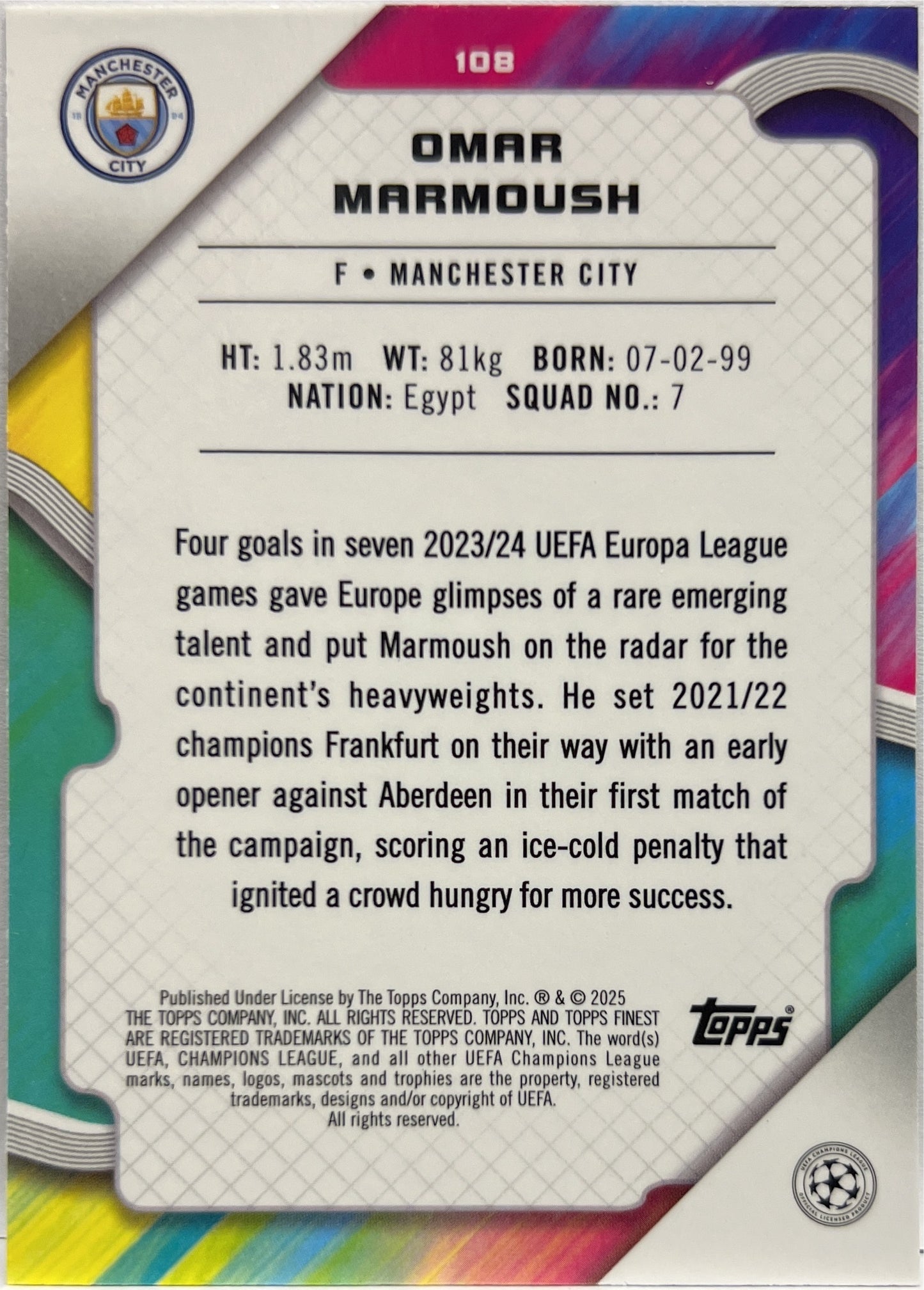 Omar Marmoush 49/99 Green Topps Finest UCC 2024/25