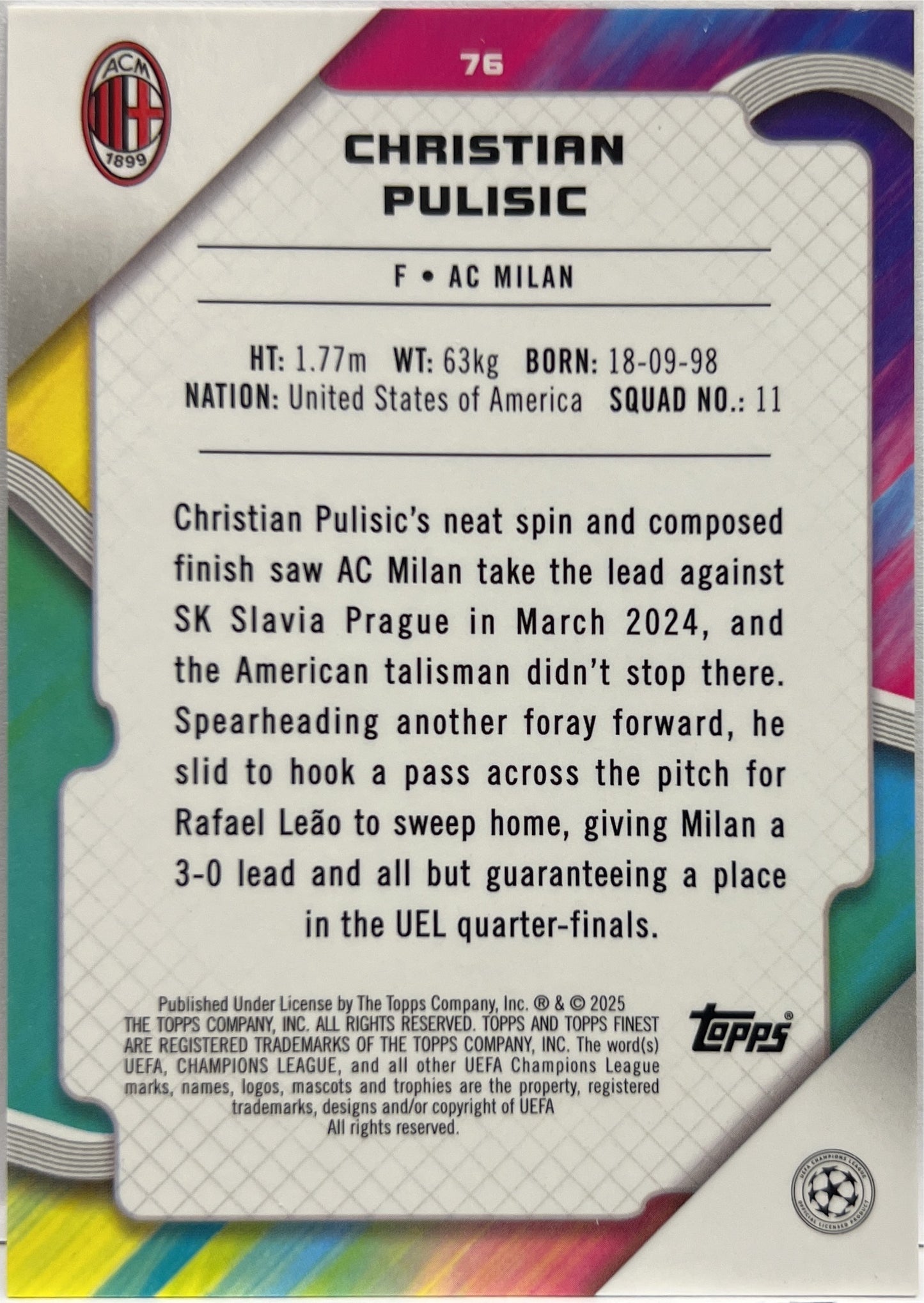 Christian Pulisic 72/199 Purple Lava Topps Finest UCC 2024/25