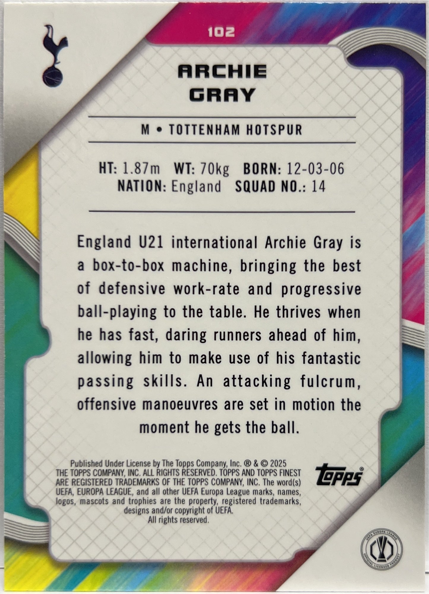 Archie Gray 11/275 Rookie Sky Blue Topps Finest UCC 2024/25