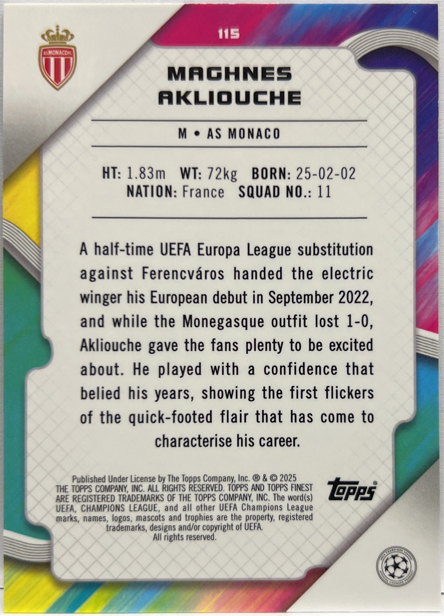 Maghnes Akliouche 227/299 Purple Topps Finest UCC 2024/25