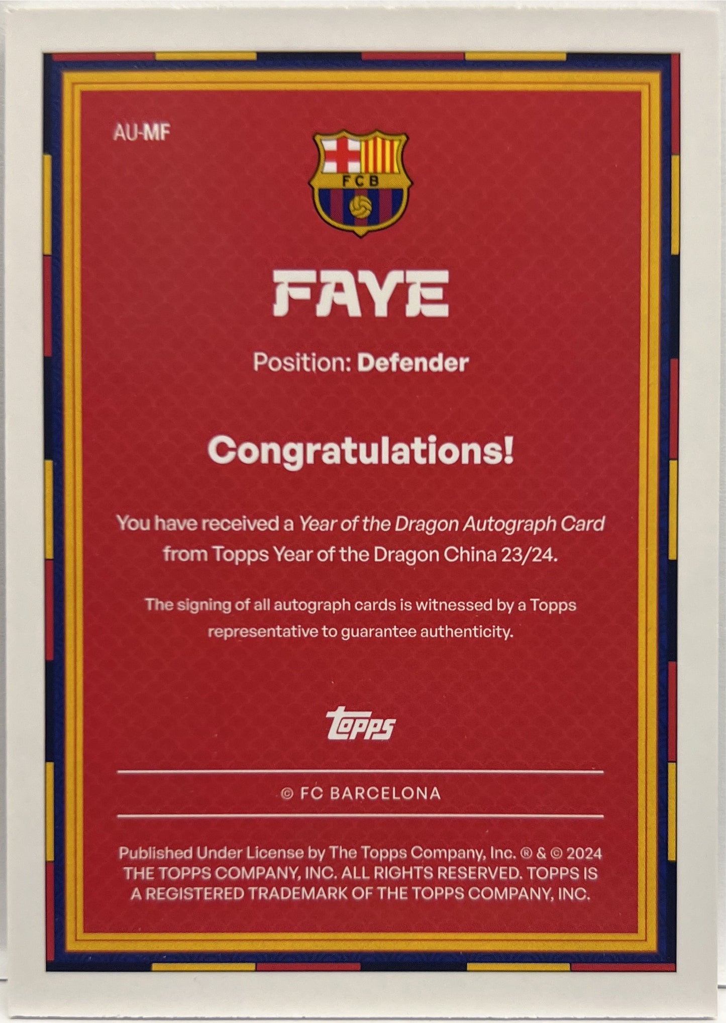 Mikayil Faye Rookie Autograph Topps Barcelona Year Of The Dragon 2023/24