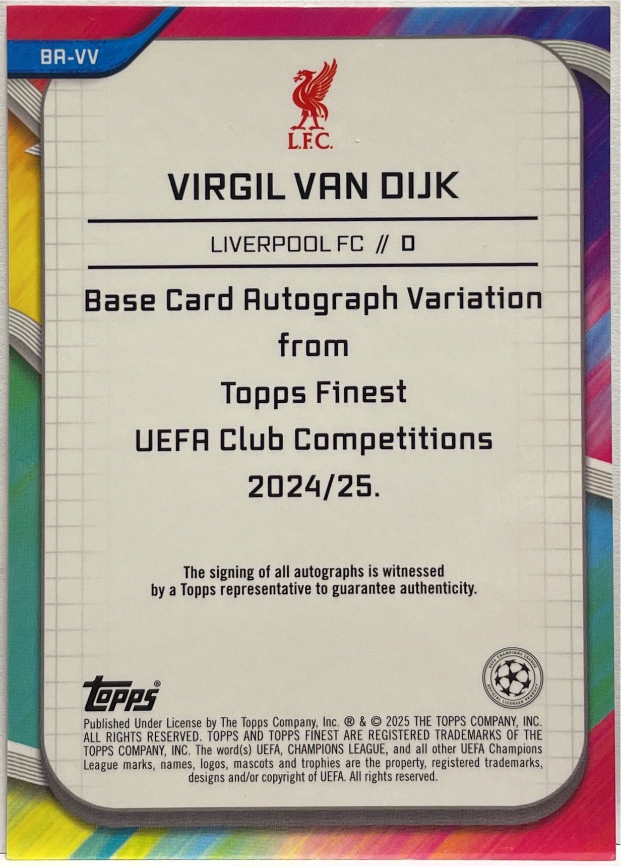 Virgil Van Dijk 21/25 Autograph Orange Topps Finest UCC 2024/25