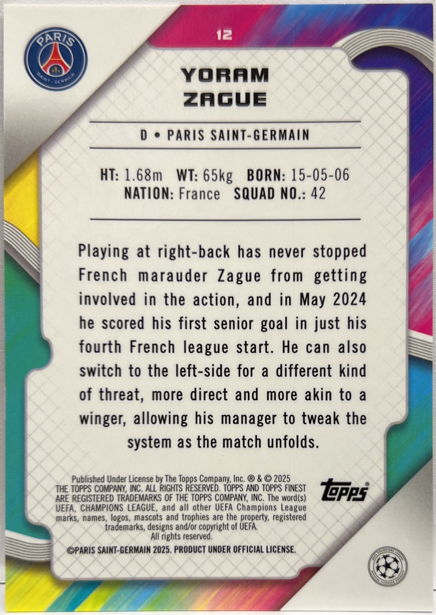 Yoram Zague 107/125 Rookie Pink Prism Topps Finest UCC 2024/25