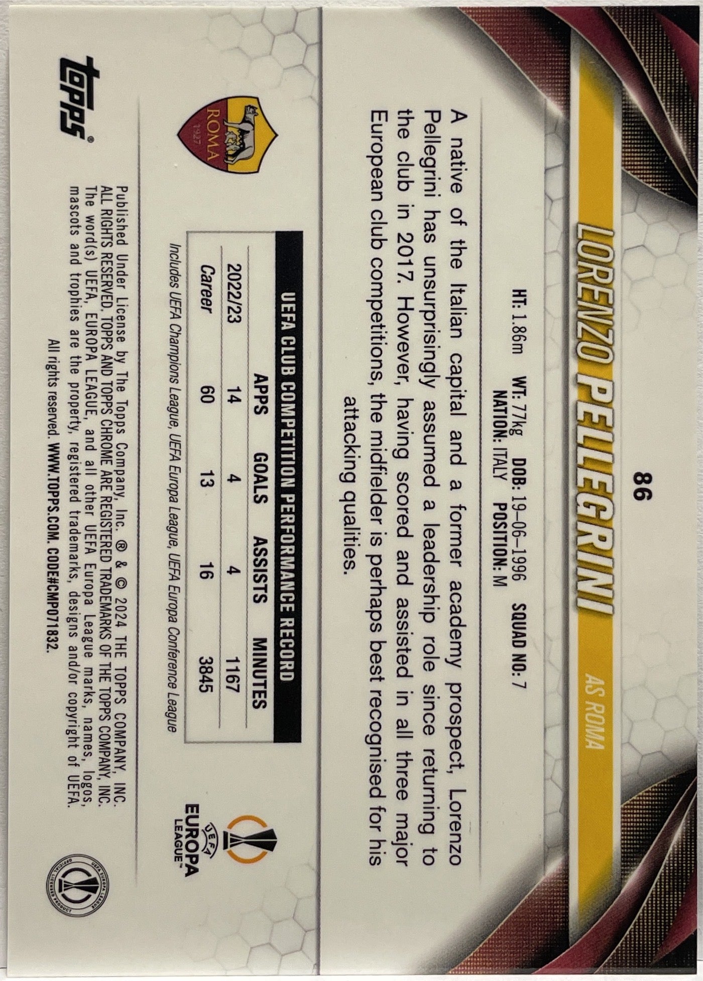 Lorenzo Pellegrini 2/11 I/XI Topps Chrome UCC 2024/25