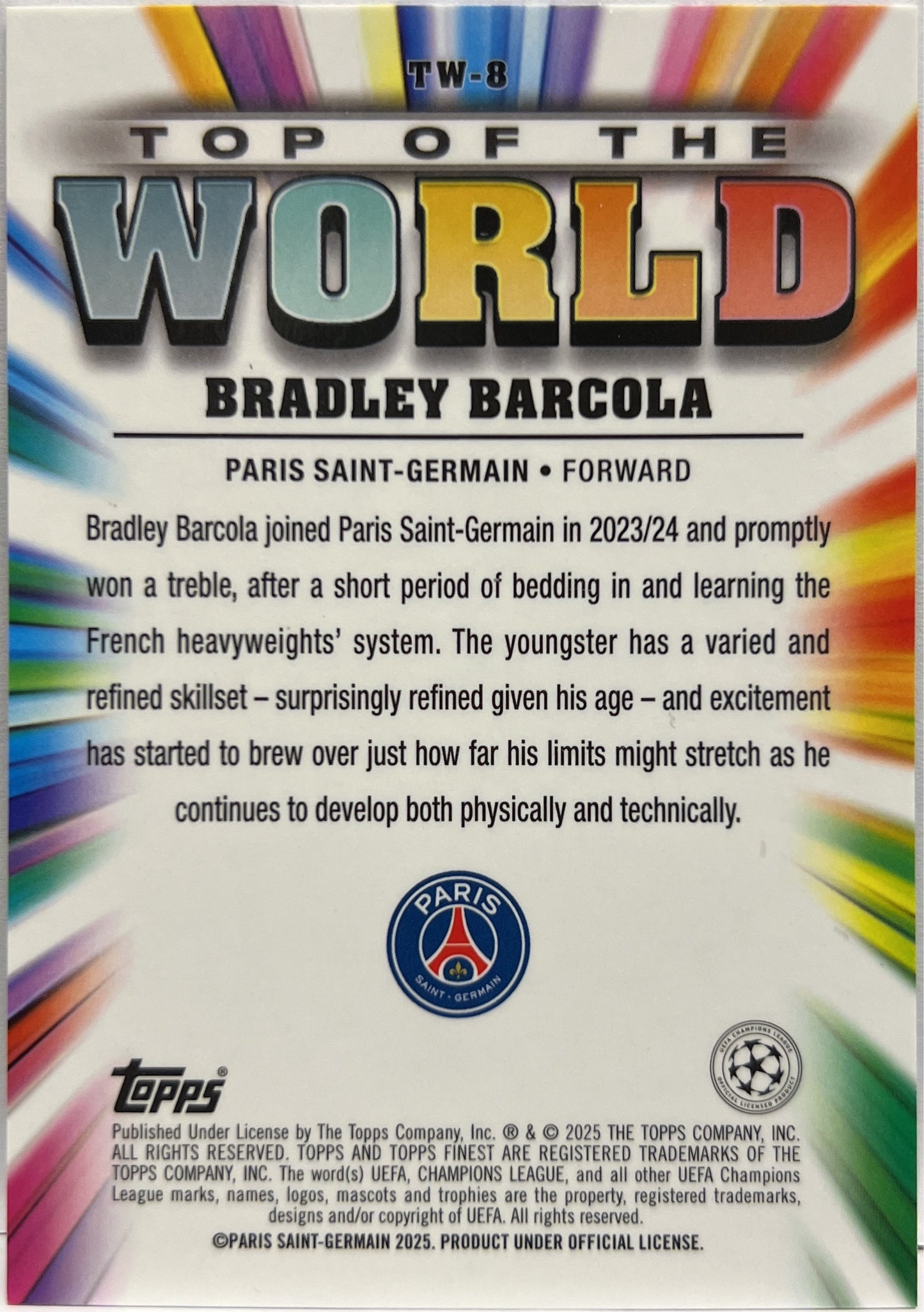 Bradley Barcola 92/99 Top Of The World Green Topps Finest UCC 2024/25