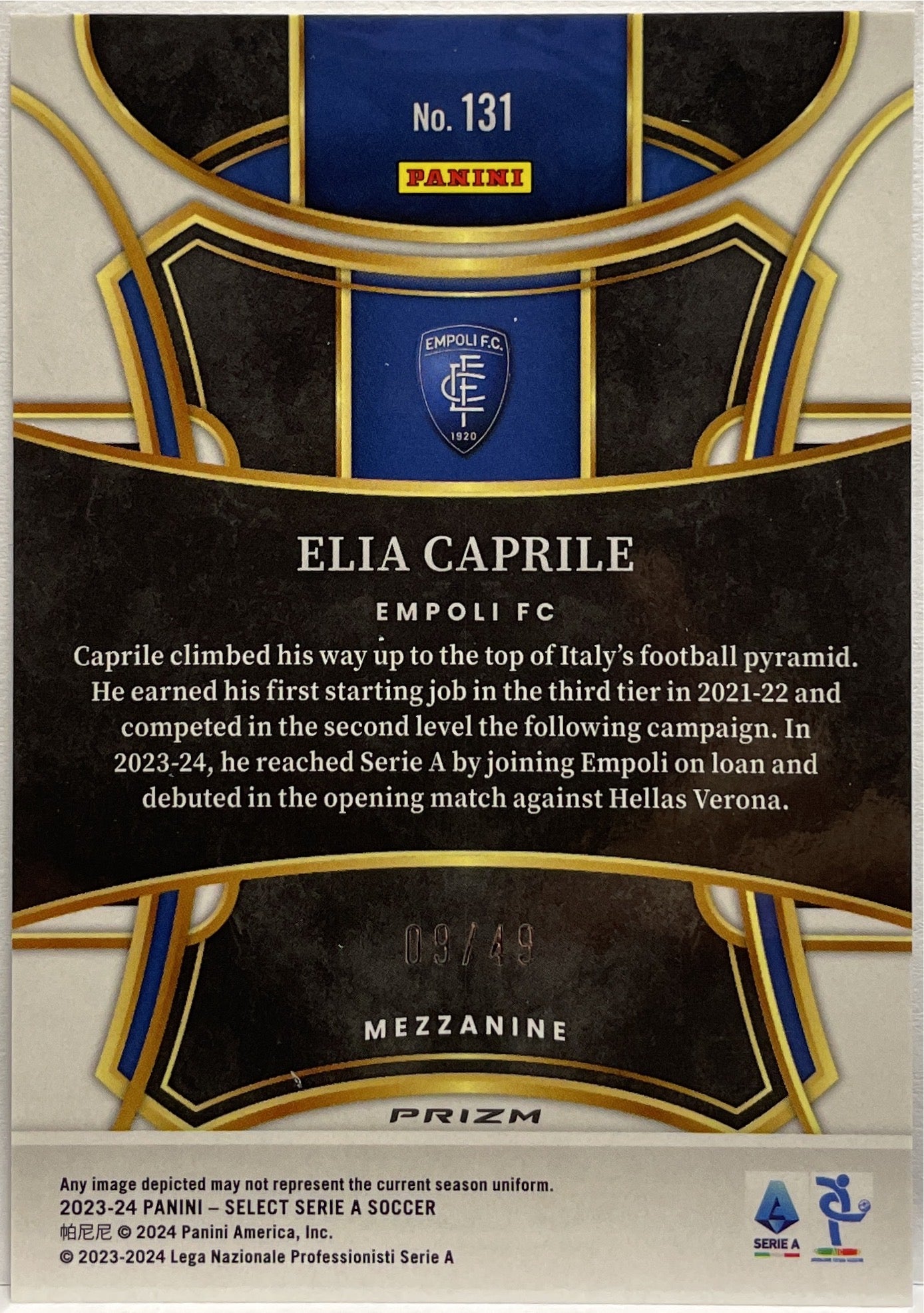 Elia Caprile 9/49 Rookie Mezzanine Purple Select Serie A 2023/24