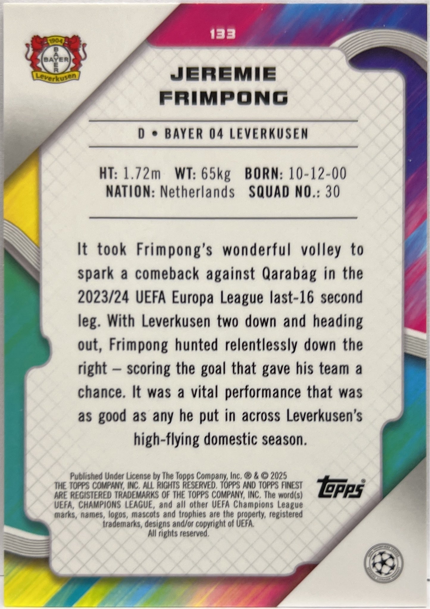 Jeremie Frimpong 89/199 Purple Lava Topps Finest UCC 2024/25
