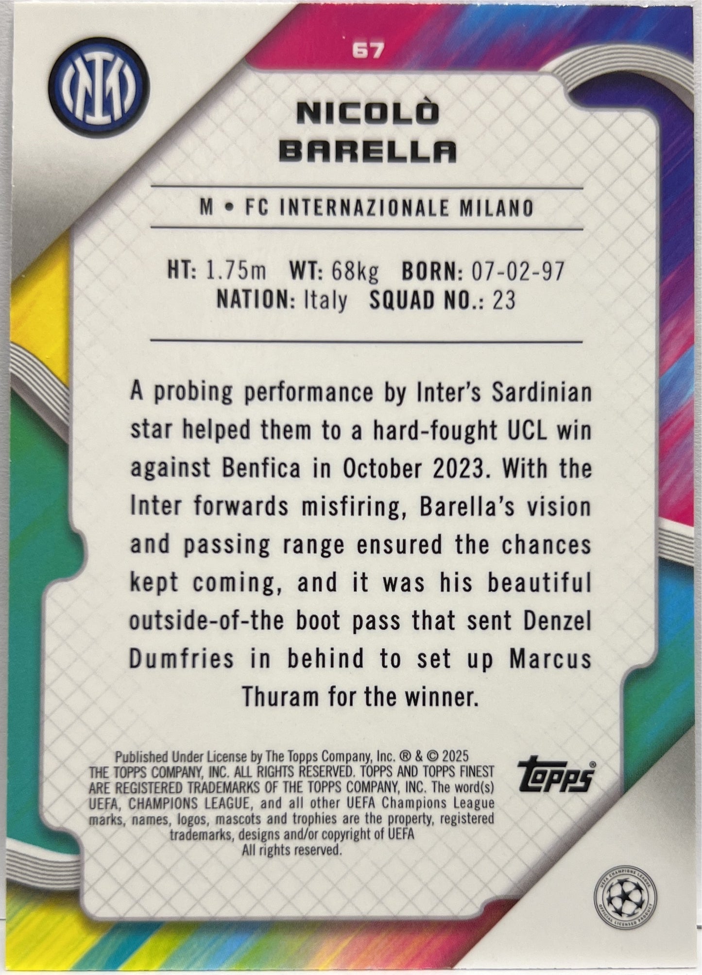 Nicolo Barella 203/275 Sky Blue Topps Finest UCC 2024/25