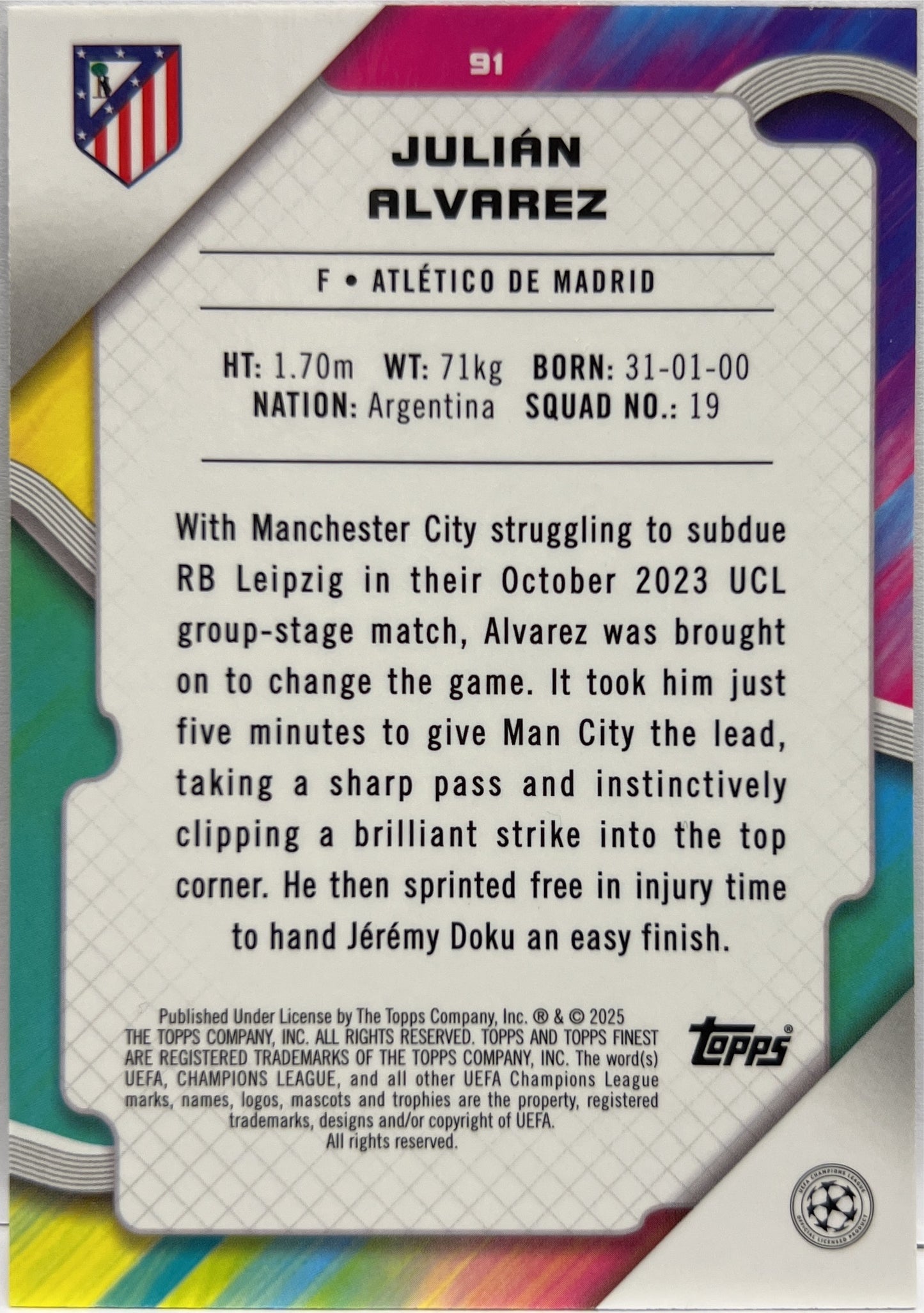 Julian Alvarez 191/299 Purple Topps Finest UCC 2024/25