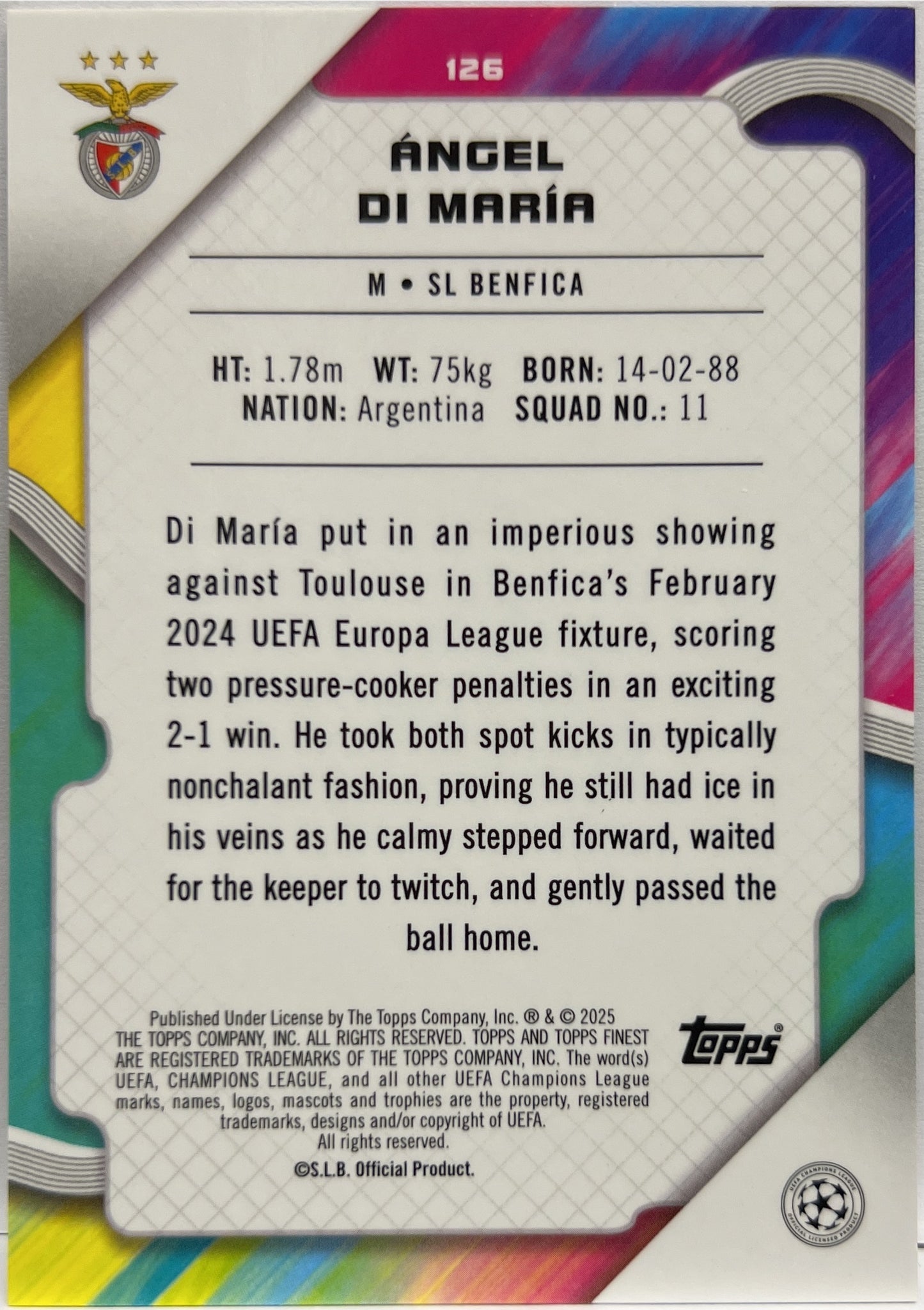 Angel Di Maria 4/10 Black Topps Finest UCC 2024/25