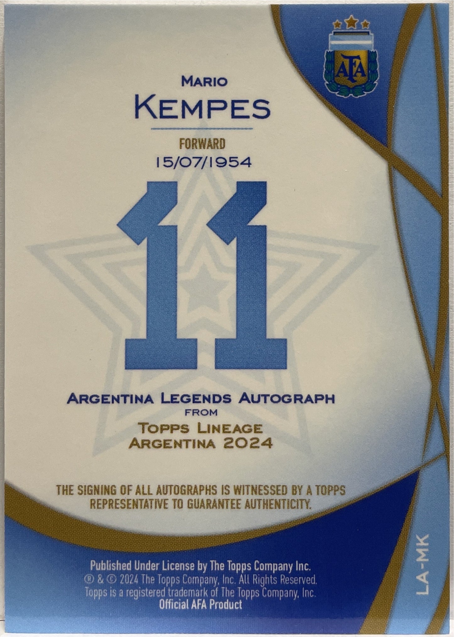 Mario Kempes 75/99 Autograph Topps Lineage Argentina 2024