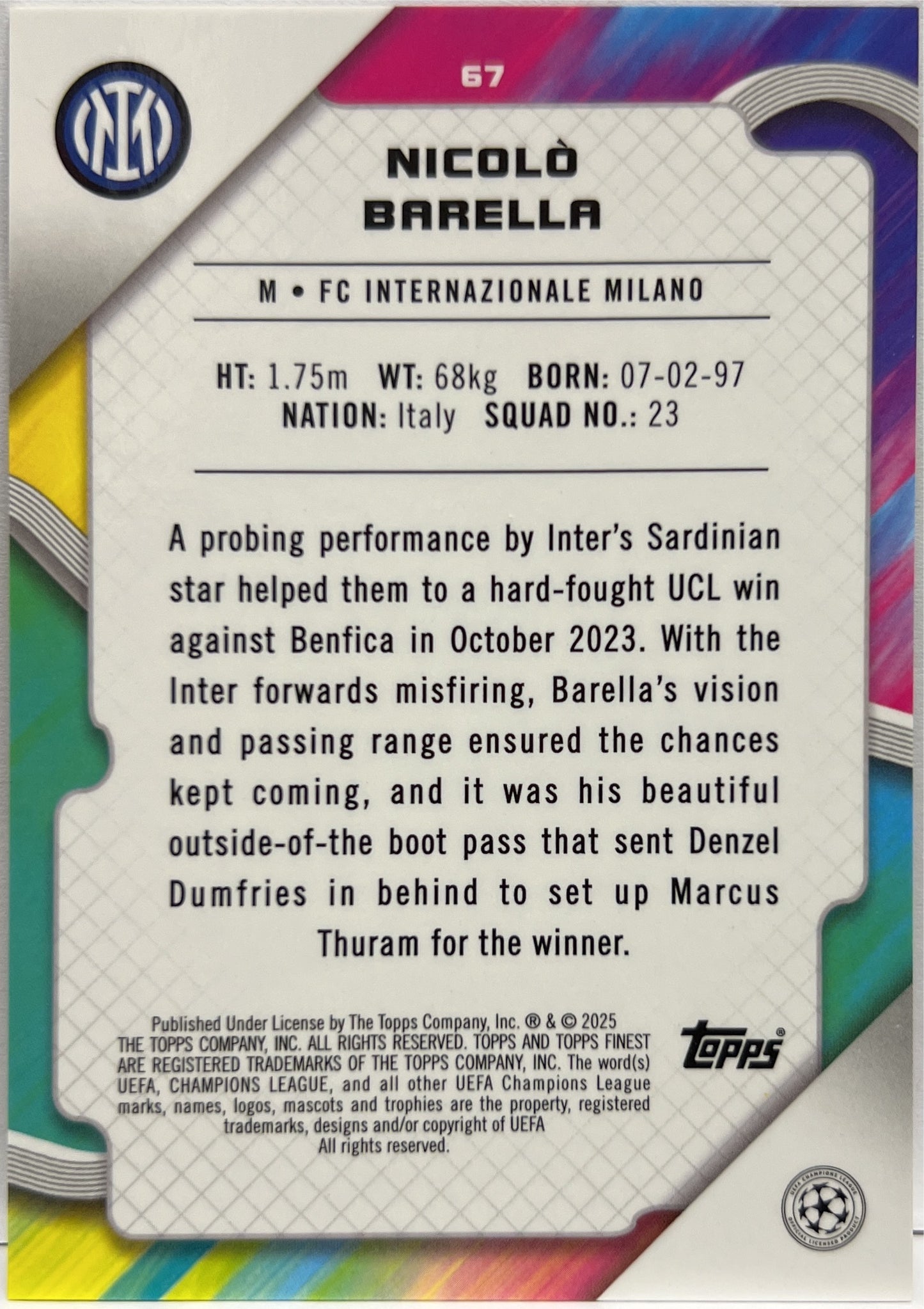 Nicolo Barella 22/50 Gold Mini Diamond Topps Finest UCC 2024/25