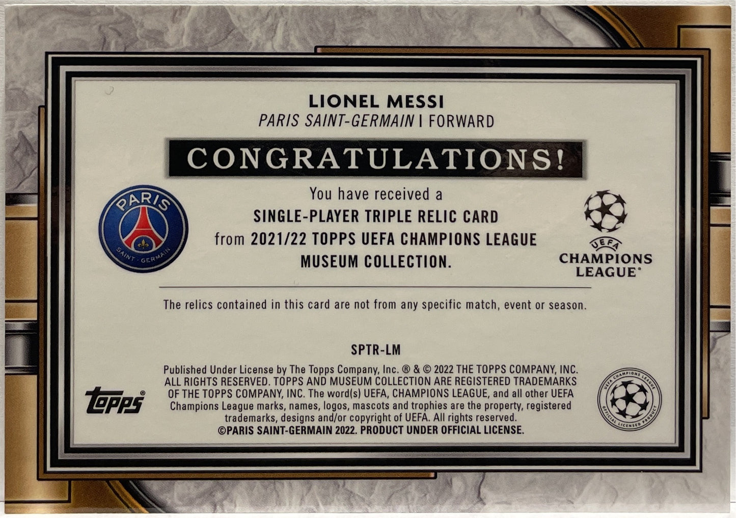 Lionel Messi 42/50 Patch Worn Triple Relic Topps Museum 2021/22