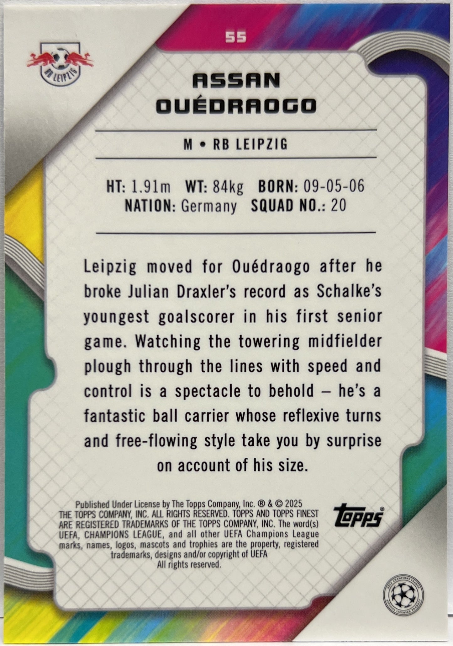Assan Ouedraogo 95/275 Rookie Sky Blue Topps Finest UCC 2024/25