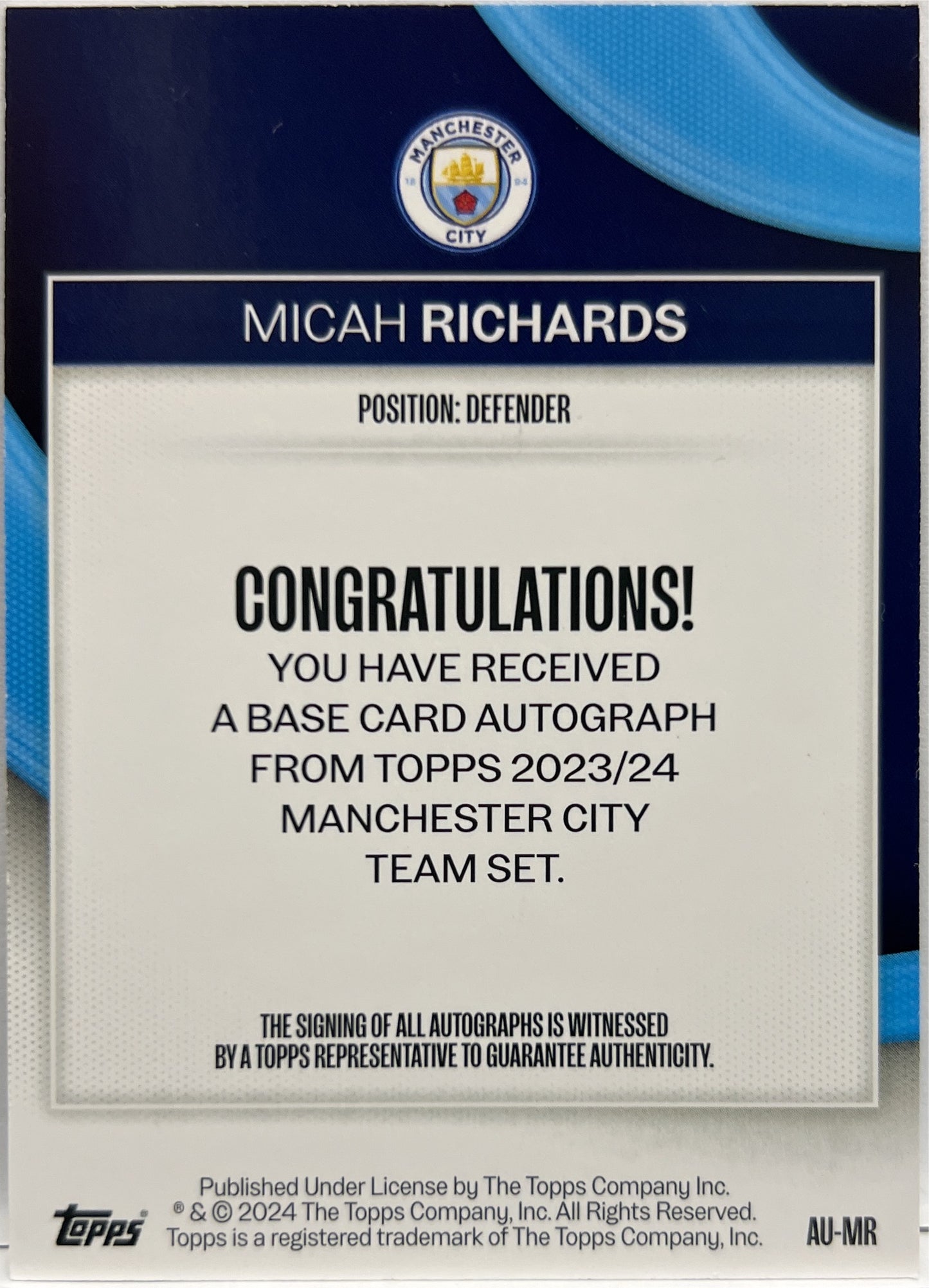 Micah Richards Autograph Topps Manchester City Team Set 2023/24