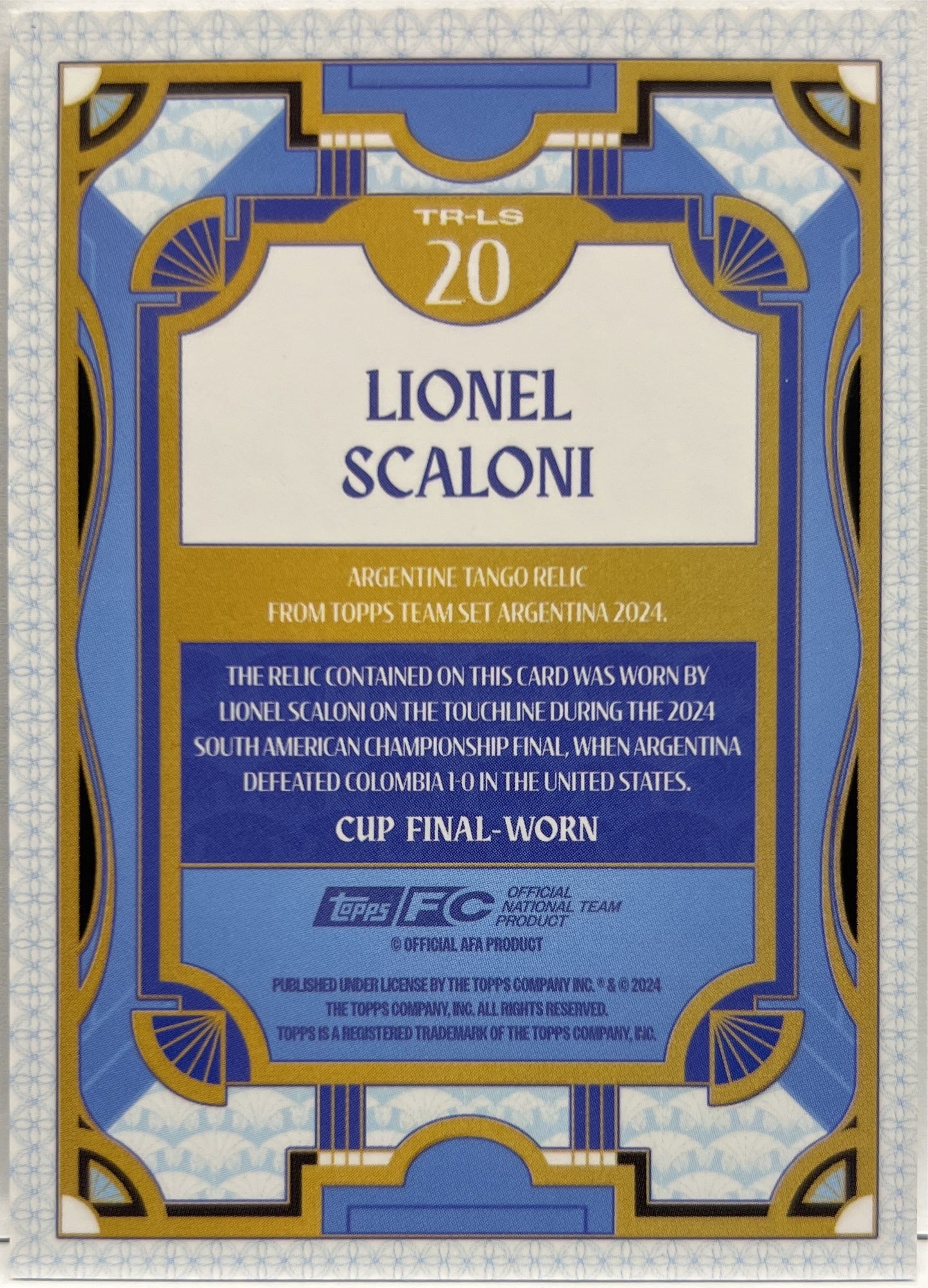 Lionel Scaloni 70/99 Patch Cup Final Tango Relic Topps Argentina Team Set 2024/25