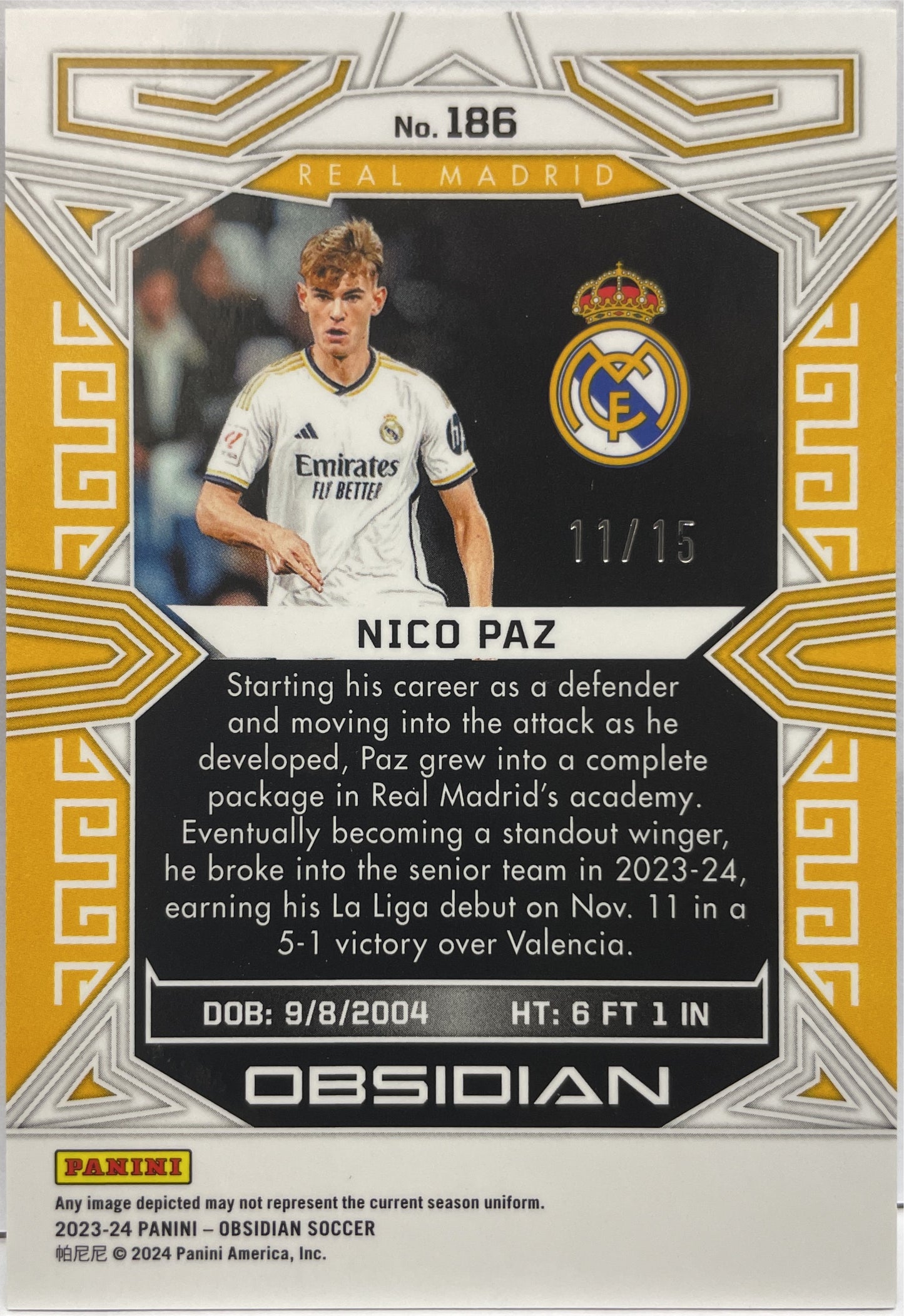 Nico Paz 11/15 Rookie Neon Blue Flood Electric Etch Obsidian 2023/24