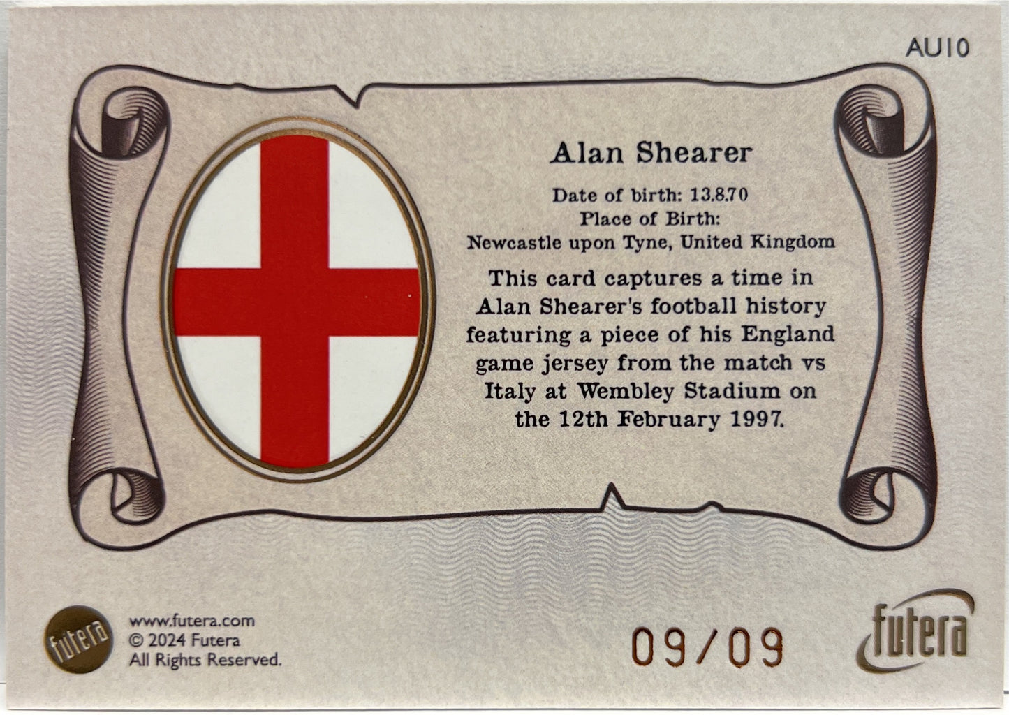 Alan Shearer 9/9 Patch Football Futera 2024