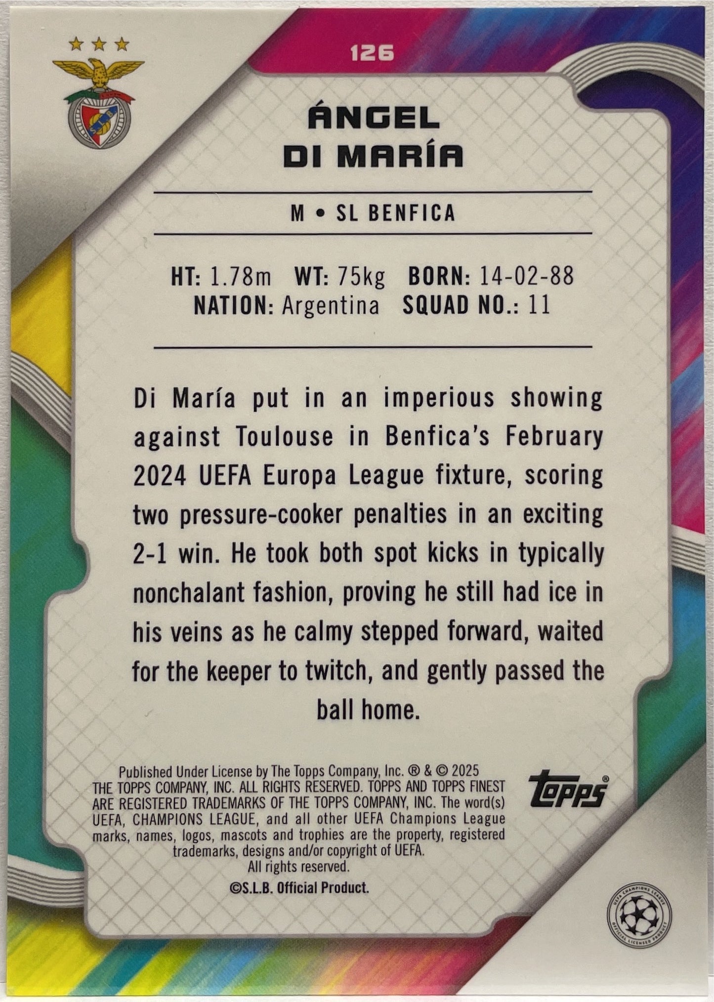 Angel Di Maria 49/50 Gold Topps Finest UCC 2024/25