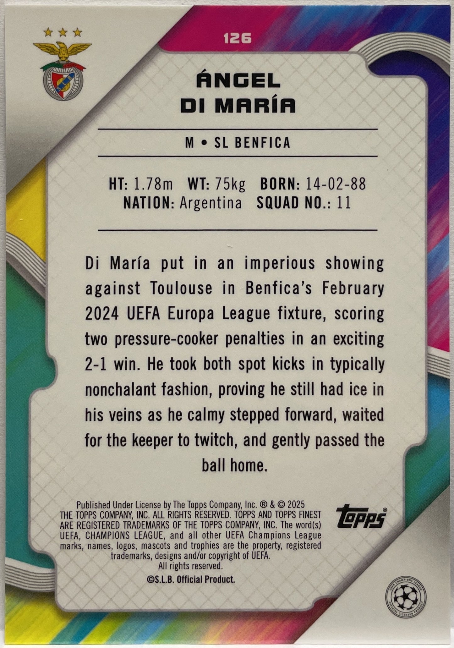 Angel Di Maria 69/75 Blue Topps Finest UCC 2024/25
