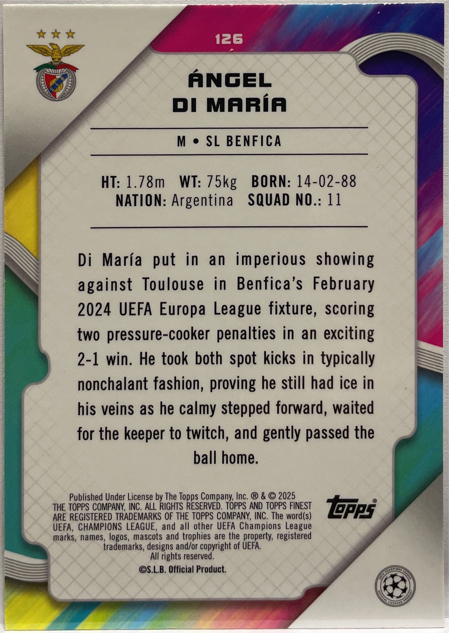 Angel Di Maria 6/275 Sky Blue Topps Finest UCC 2024/25