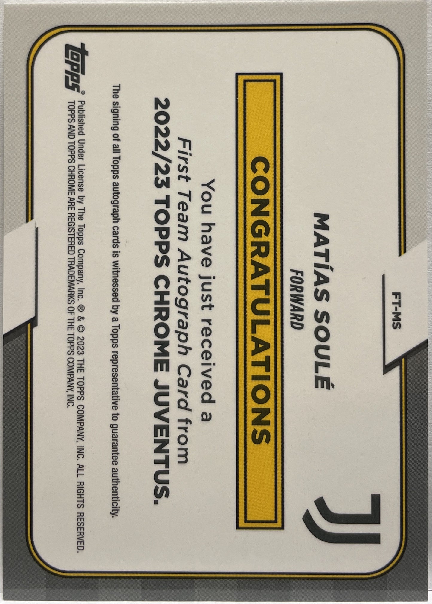 Matias Soule 11/25 Rookie Autograph Orange Topps Chrome Juventus 2022/23