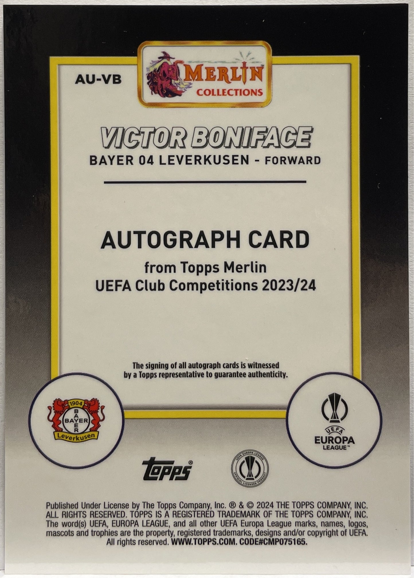 Victor Boniface Autograph Topps Chrome Merlin 2023/24