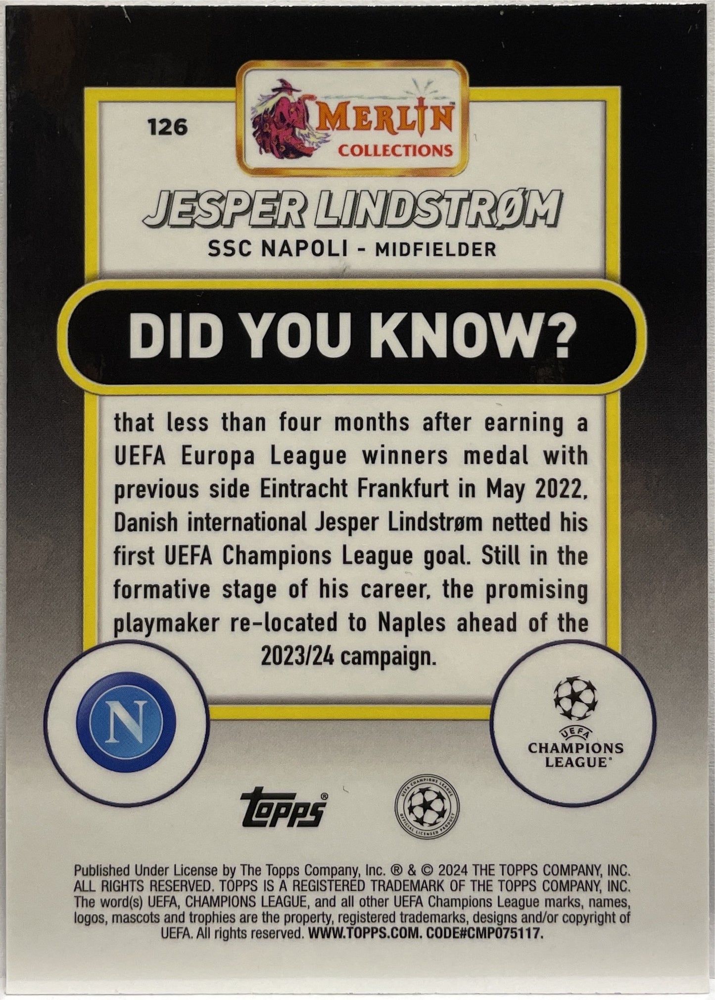 Jesper Lindstrom 94/299 Rose Gold Shimmer Topps Chrome Merlin UCC 2023/24