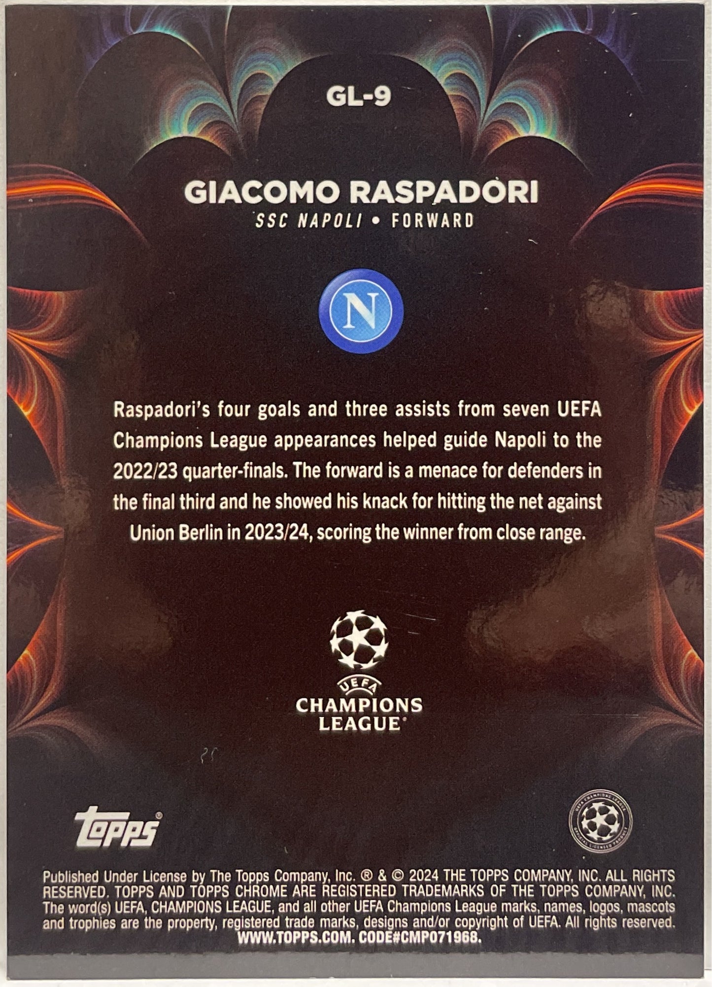 Giacomo Raspadori 69/125 Golazo Topps Chrome UCC 2024/25
