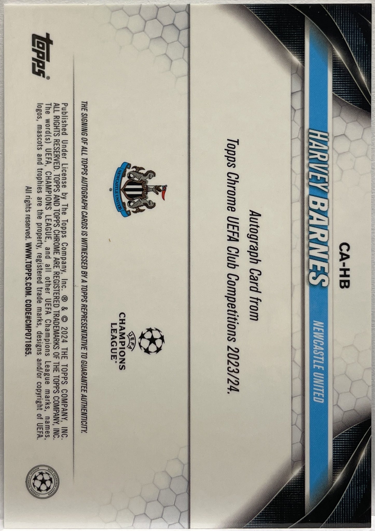 Harvey Barnes/199 Autograph Aqua Topps Chrome UCC 2023/24