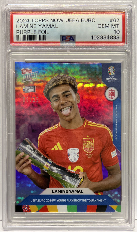 Lamine Yamal 8/25 National Debut Purple Foil Topps Now 2024 PSA 10