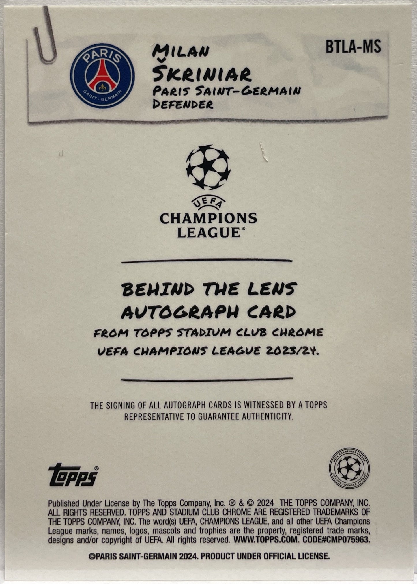 Milan Skriniar Autograph Behind The Lens Topps Stadium Chrome 2023/24