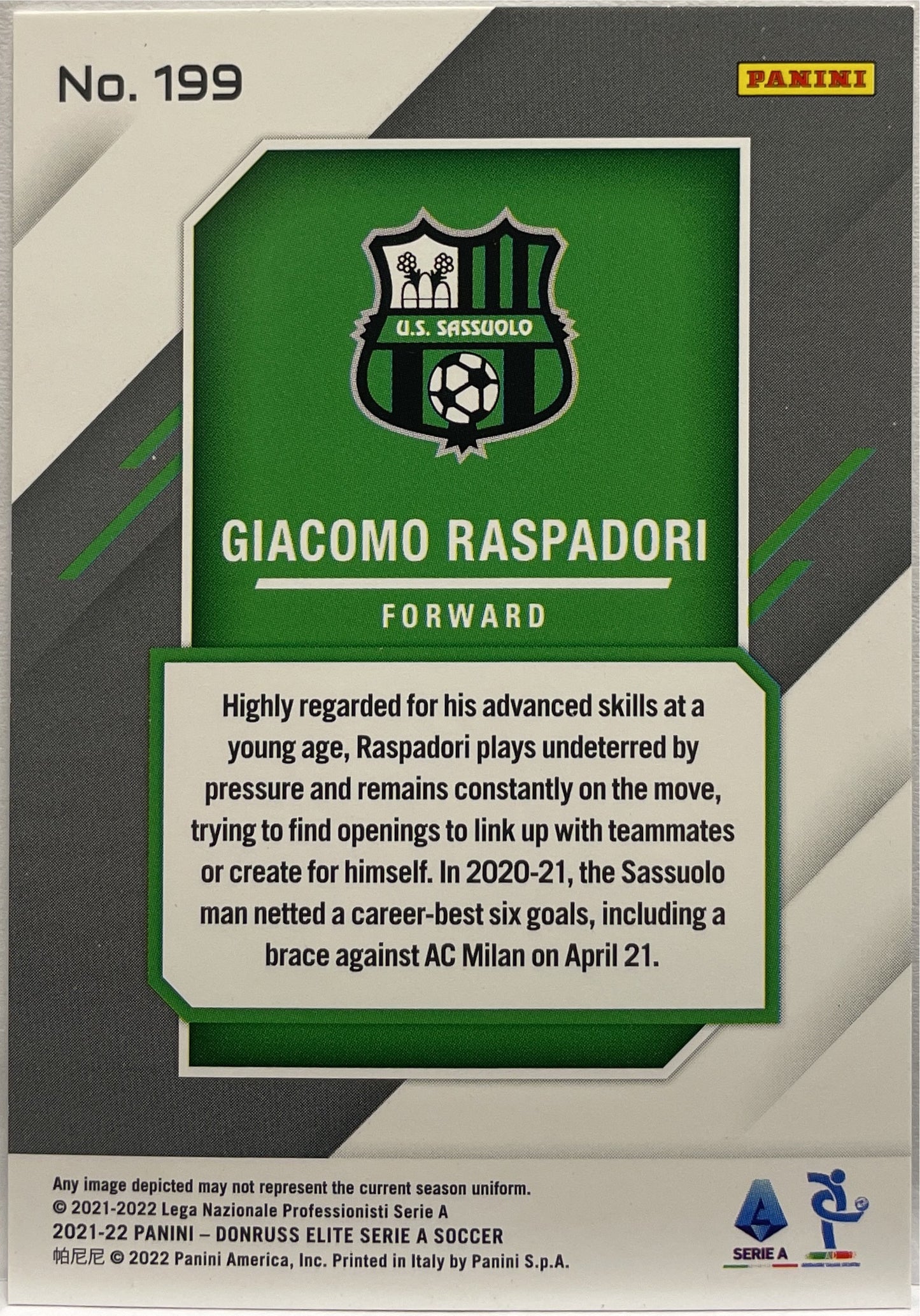 Giacomo Raspadori 6/10 Rookie Gold Fireworks Donruss Elite Serie A 2021/22