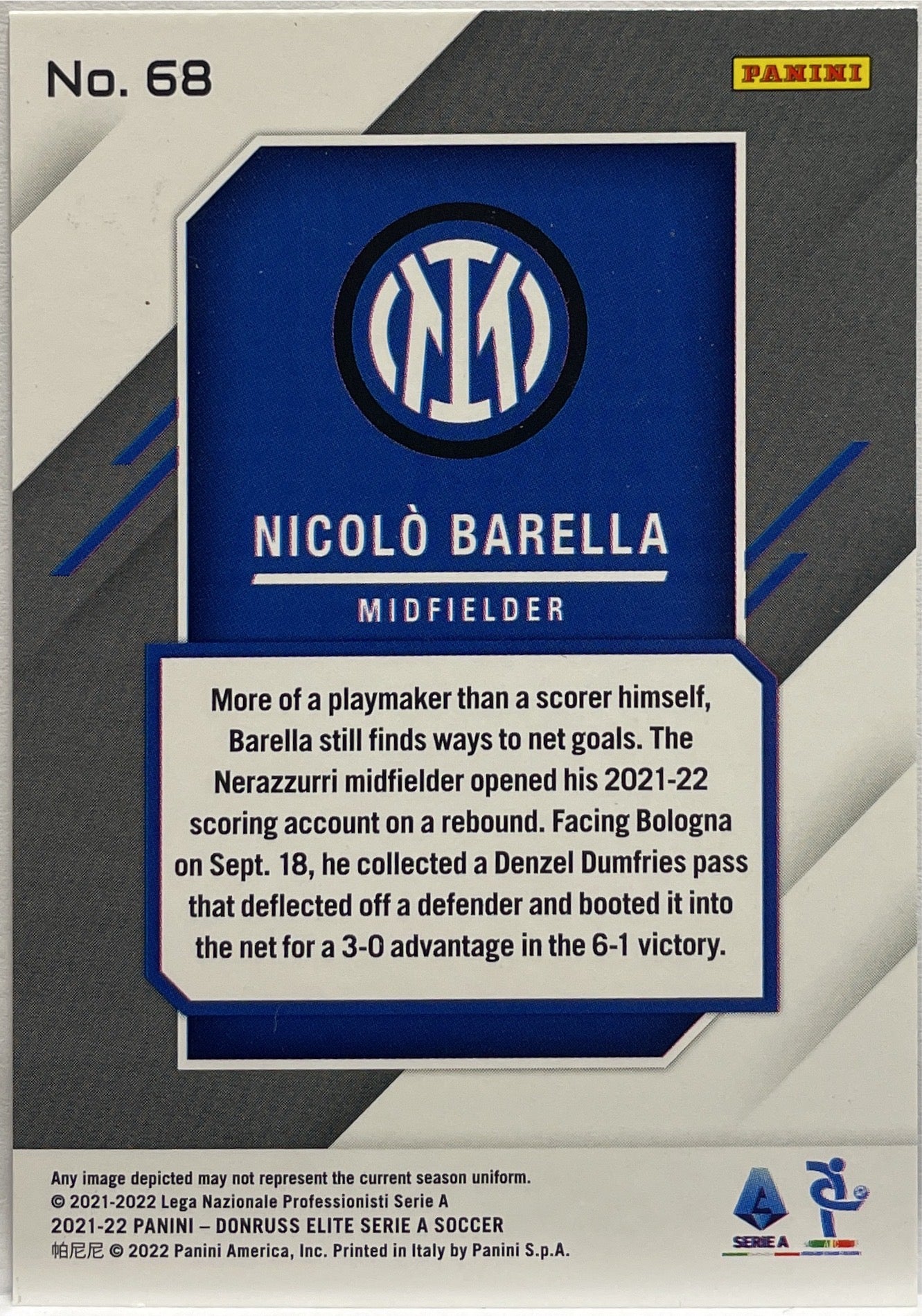 Nicolo Barella 36/49 Orange Fireworks Donruss Elite Serie A 2021/22