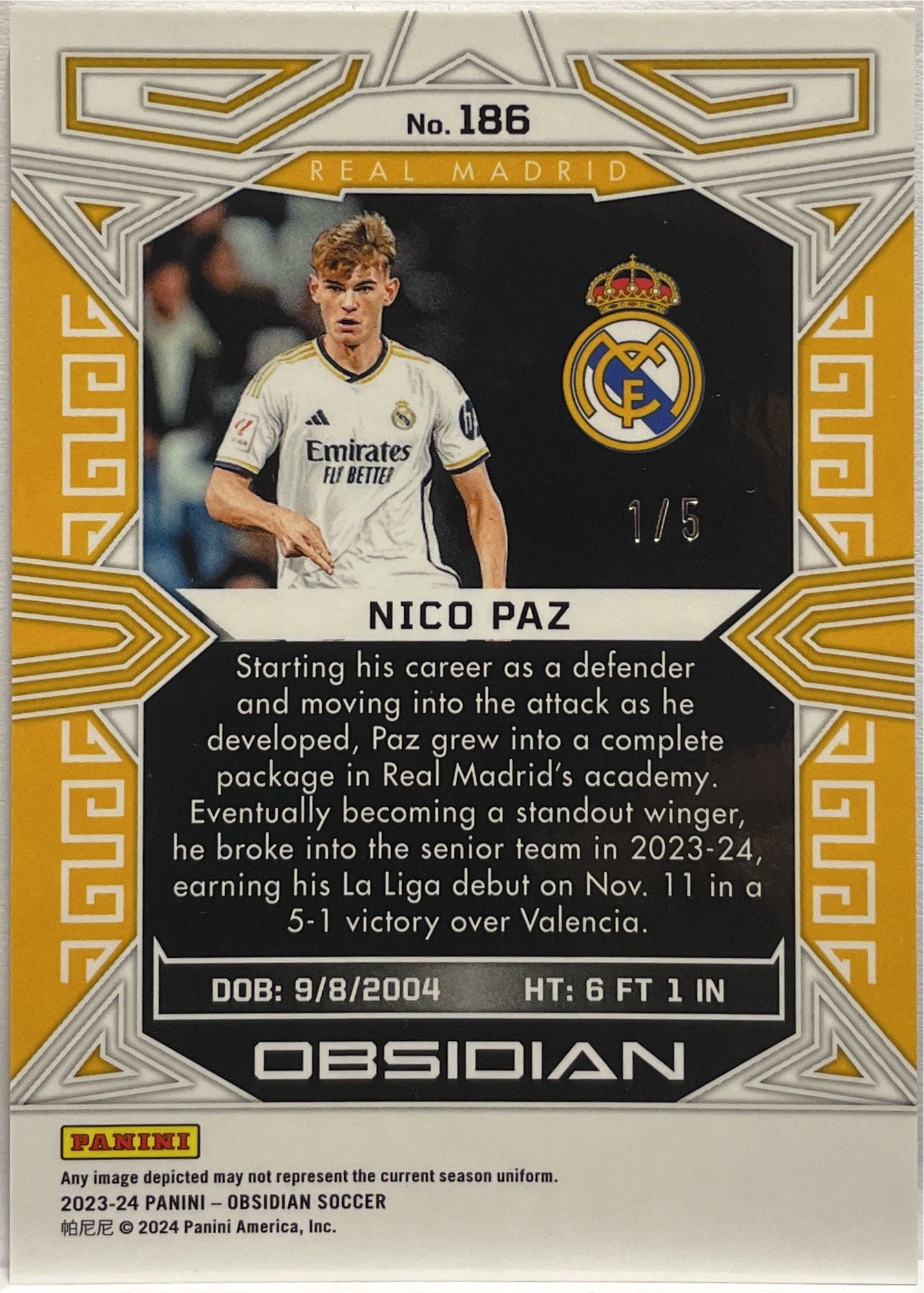 Nico Paz 1/5 Rookie Obsidian 2023/24